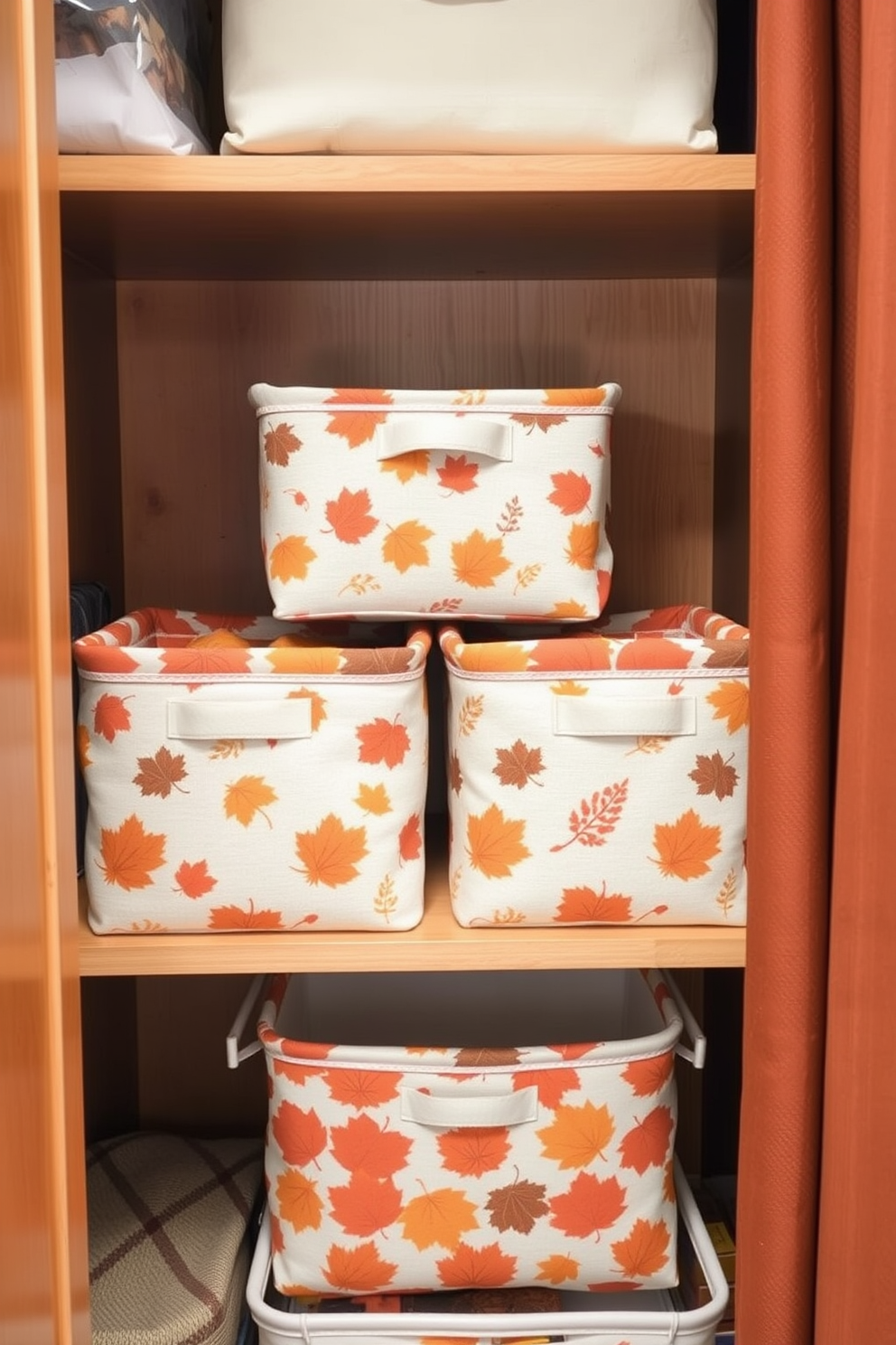 Fabric storage bins in warm fall patterns are arranged neatly on a wooden shelf. The closet features rich autumn colors like deep oranges, browns, and golds, creating a cozy Thanksgiving atmosphere.