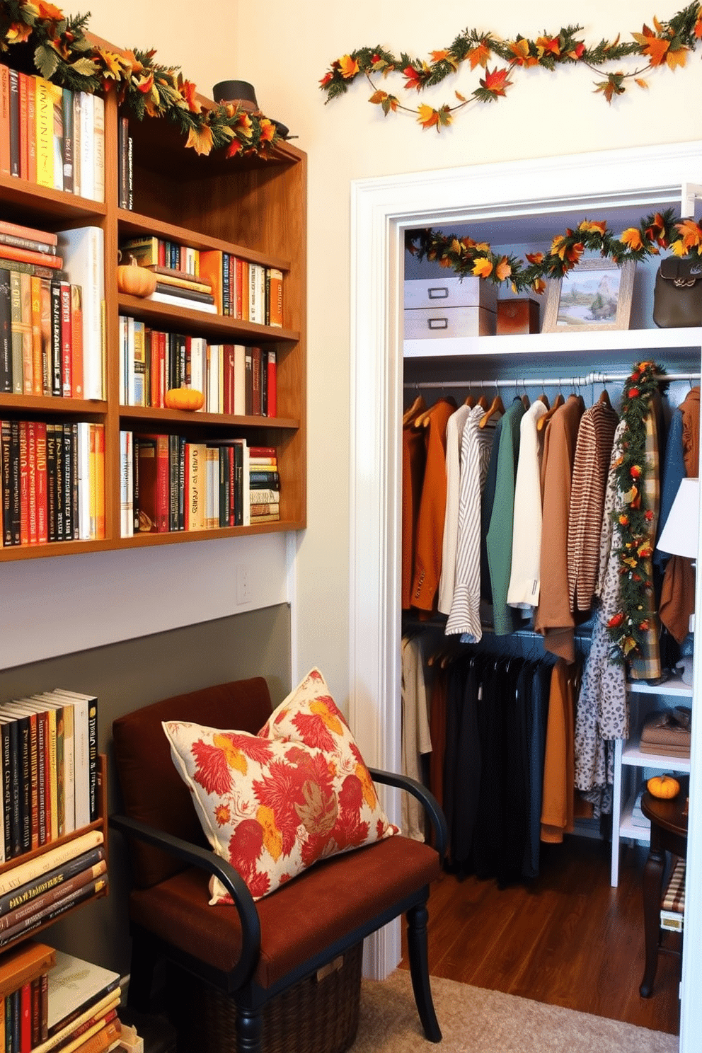 A cozy reading nook adorned with seasonal books displayed on wooden shelves. The shelves are filled with an array of colorful autumn-themed books, complemented by small decorative pumpkins and fall foliage. A stylish closet featuring Thanksgiving-inspired decor elements. The closet is organized with warm-toned clothing and accessories, while festive decorations like garlands and small Thanksgiving-themed art pieces add a seasonal touch.