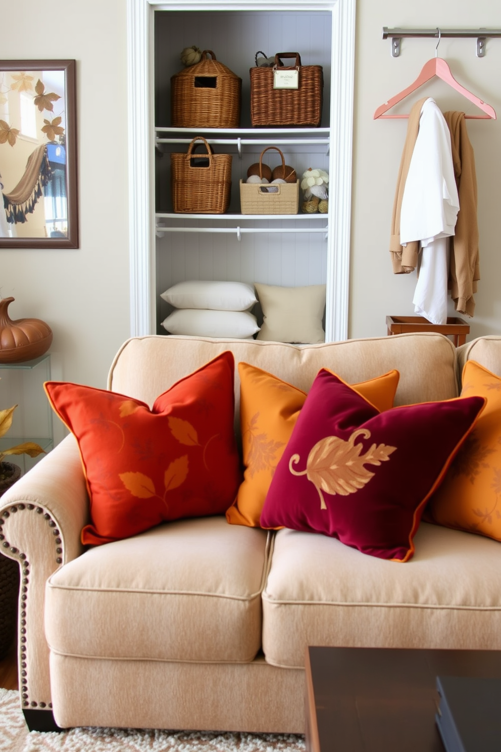 Seasonal throw pillows in warm colors are scattered across a cozy sofa, featuring rich hues of orange, burgundy, and mustard. Each pillow showcases unique patterns such as leaves and pumpkins, enhancing the festive atmosphere of the living space. The closet is elegantly organized with decorative baskets and seasonal accessories displayed prominently. Warm-toned hangers complement the overall theme, while a soft rug adds comfort underfoot, creating an inviting entryway.