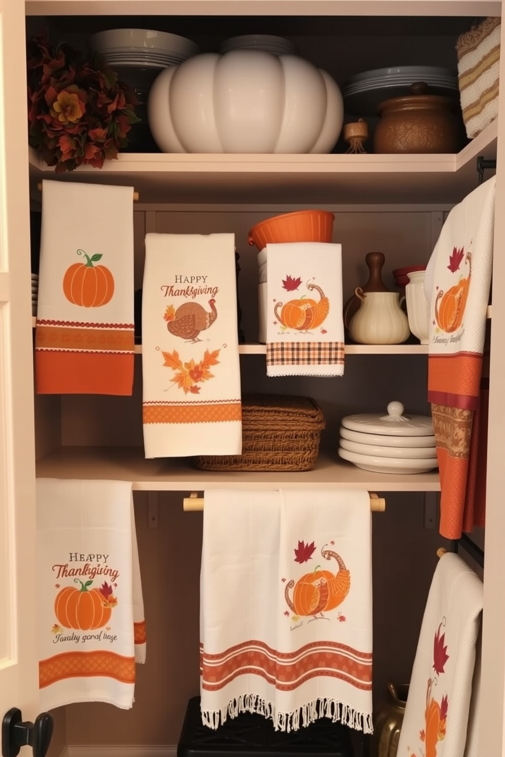 A cozy Thanksgiving closet decorated with warm autumn colors. The shelves are filled with seasonal dish towels featuring festive designs like pumpkins and turkeys.