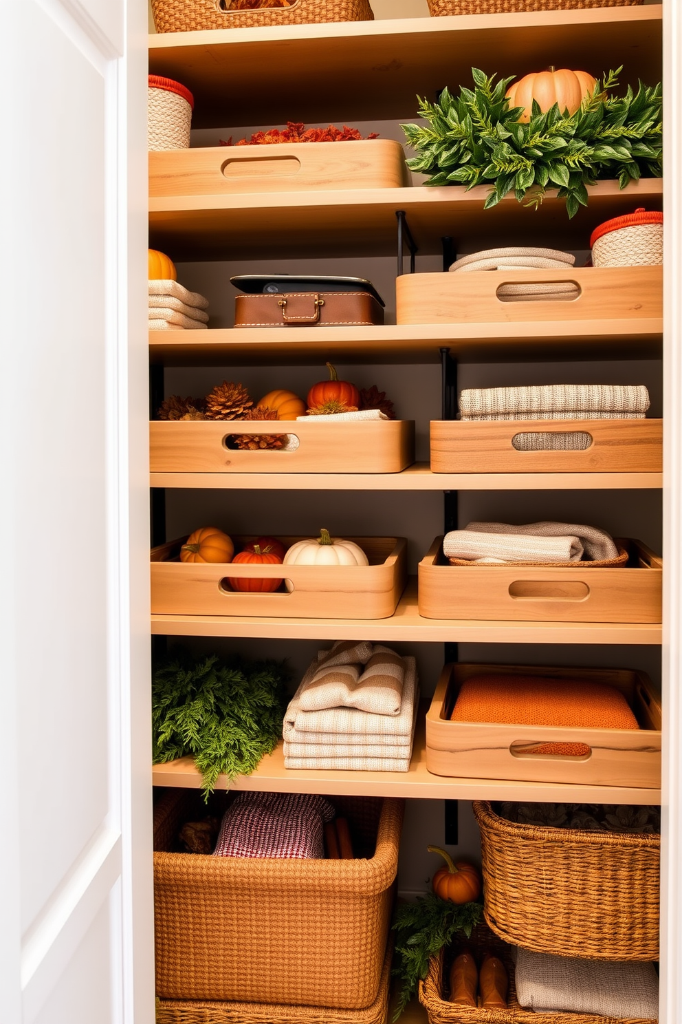 Create a cozy Thanksgiving closet that features decorative trays for organizing items. The trays should be made of natural wood and arranged neatly on the shelves, showcasing seasonal decorations and essentials for the holiday. Incorporate warm autumn colors such as deep oranges and rich browns throughout the closet. Add touches of greenery and small pumpkins to enhance the festive atmosphere while keeping the space functional and inviting.