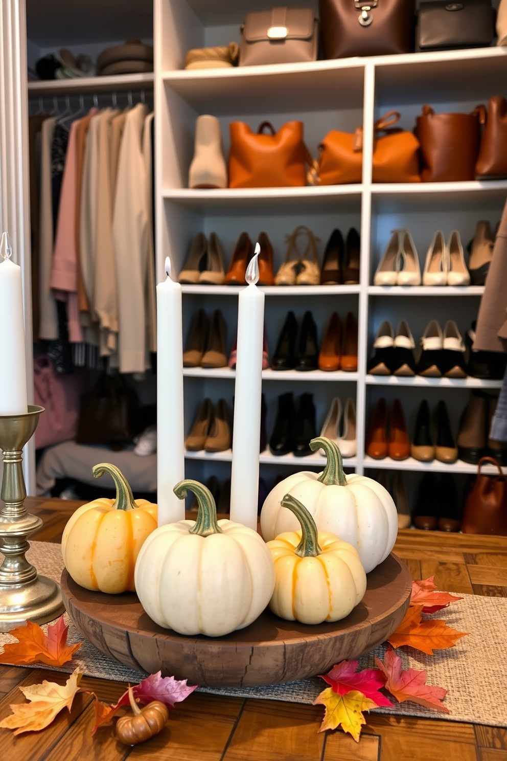 Miniature pumpkins arranged as charming table decor for a Thanksgiving gathering. The pumpkins are displayed on a rustic wooden table alongside candles and autumn leaves for a warm festive atmosphere. A stylish closet featuring organized shelves filled with seasonal clothing and accessories. Soft lighting highlights the neatly arranged shoes and bags, creating an inviting and functional space.