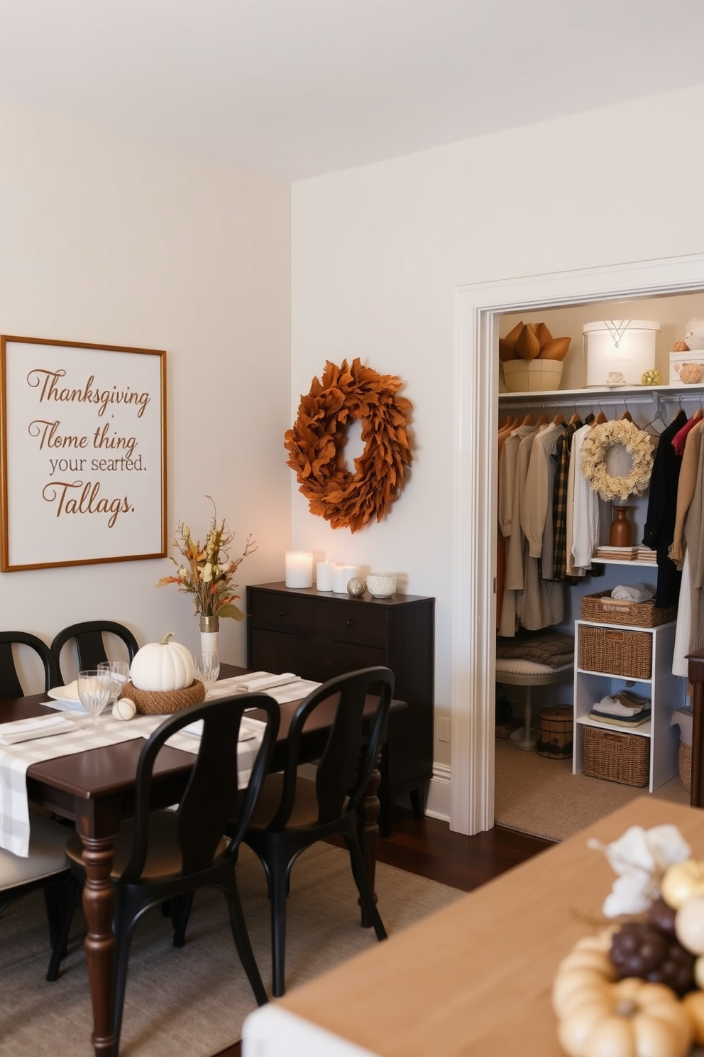 A cozy dining room adorned with Thanksgiving quotes framed on the walls. The quotes are in elegant typography, adding a touch of warmth to the autumn-themed decor. A beautifully organized closet featuring Thanksgiving-themed decorations. Soft, warm colors dominate the space, with seasonal accessories neatly arranged and displayed.