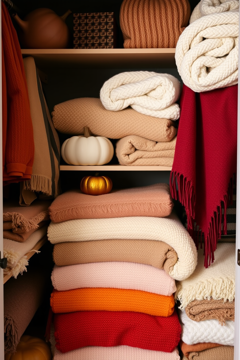 A cozy Thanksgiving closet filled with layered textures. Soft blankets and decorative throws in warm autumn colors are neatly arranged on shelves, creating an inviting atmosphere.