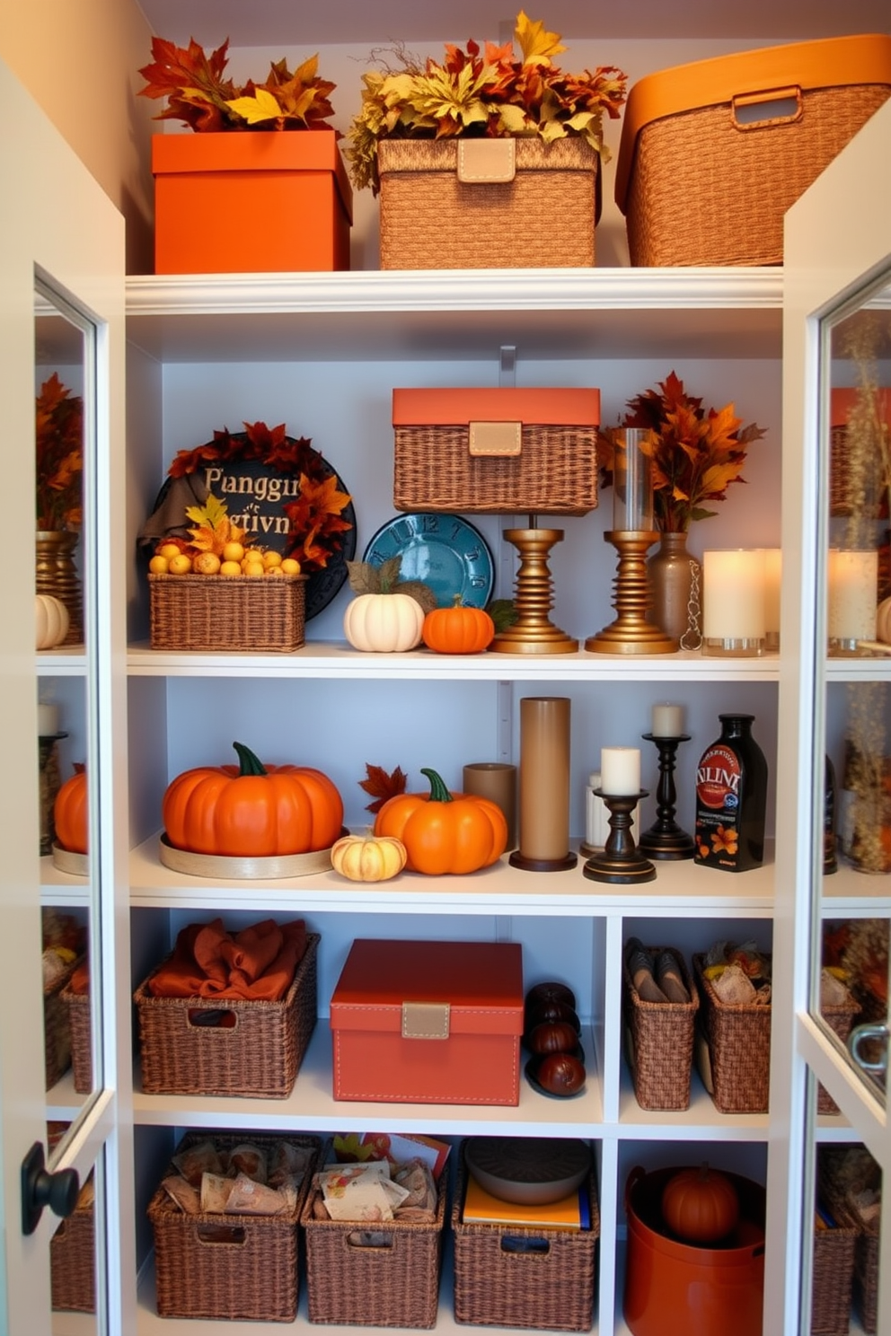 Create a warm and inviting Thanksgiving closet decorated with color-coordinated decor. Use rich autumn hues like deep oranges, warm browns, and golden yellows to create a cohesive look that embodies the spirit of the season. Incorporate decorative boxes and baskets in matching colors to organize items while adding visual interest. Adorn the shelves with seasonal accents such as small pumpkins, fall leaves, and festive candles to enhance the Thanksgiving theme.