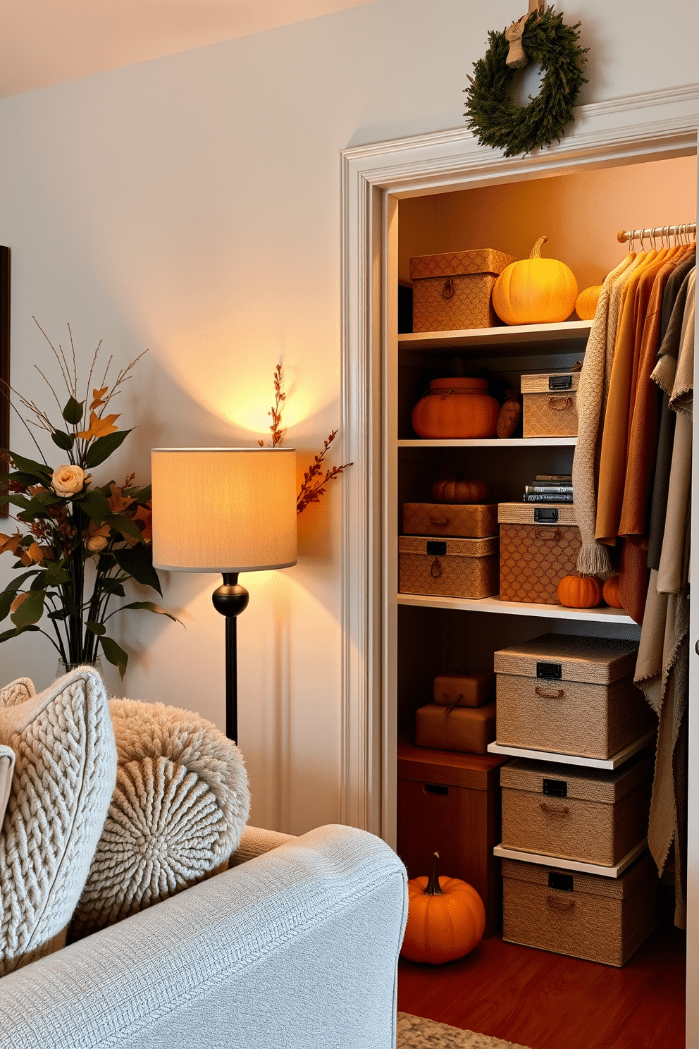 A cozy living room adorned with seasonal scents from essential oil diffusers. The warm glow of candlelight complements the inviting aroma of cinnamon and pumpkin spice. A beautifully organized closet featuring autumn-themed decor. Plush blankets and decorative boxes are neatly arranged, showcasing a blend of earthy tones and seasonal accents.