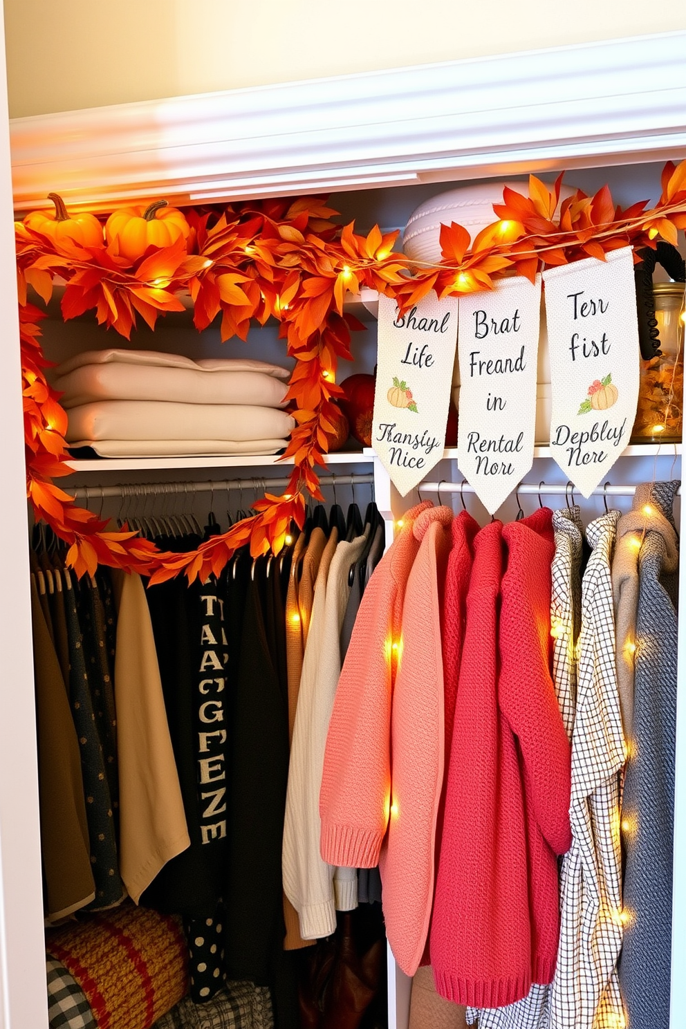 Create a cozy Thanksgiving closet decorated with warm autumn colors. Use garlands of dried leaves and small pumpkins to enhance the festive atmosphere. Incorporate hanging decorations such as fabric banners with seasonal messages. Add twinkling fairy lights to create a warm and inviting glow.