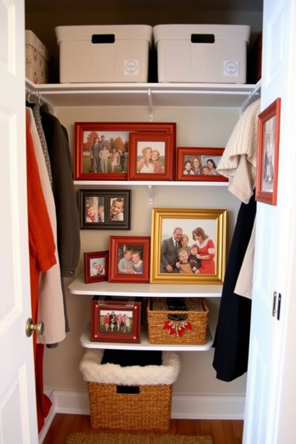 A cozy closet space adorned with family photos displayed in warm autumn frames. The frames feature rich colors like deep reds and oranges, creating a festive atmosphere perfect for Thanksgiving.