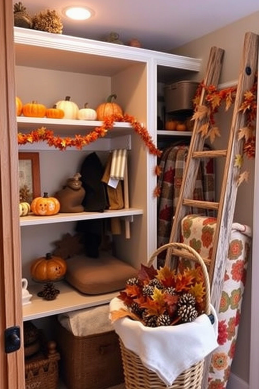 A warm and inviting Thanksgiving closet decorated with seasonal touches. The shelves are filled with handmade crafts, including painted pumpkins and autumn-themed garlands. Soft lighting enhances the cozy atmosphere, while a rustic wooden ladder leans against the wall to display colorful quilts. A decorative basket holds an assortment of fall leaves and pinecones, adding a natural element to the decor.