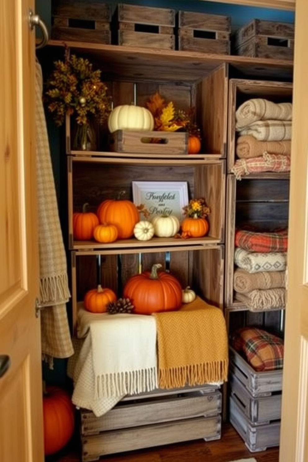 A cozy Thanksgiving closet filled with rustic wooden crates for storage. The crates are stacked neatly, showcasing seasonal decorations like pumpkins, autumn leaves, and warm blankets.