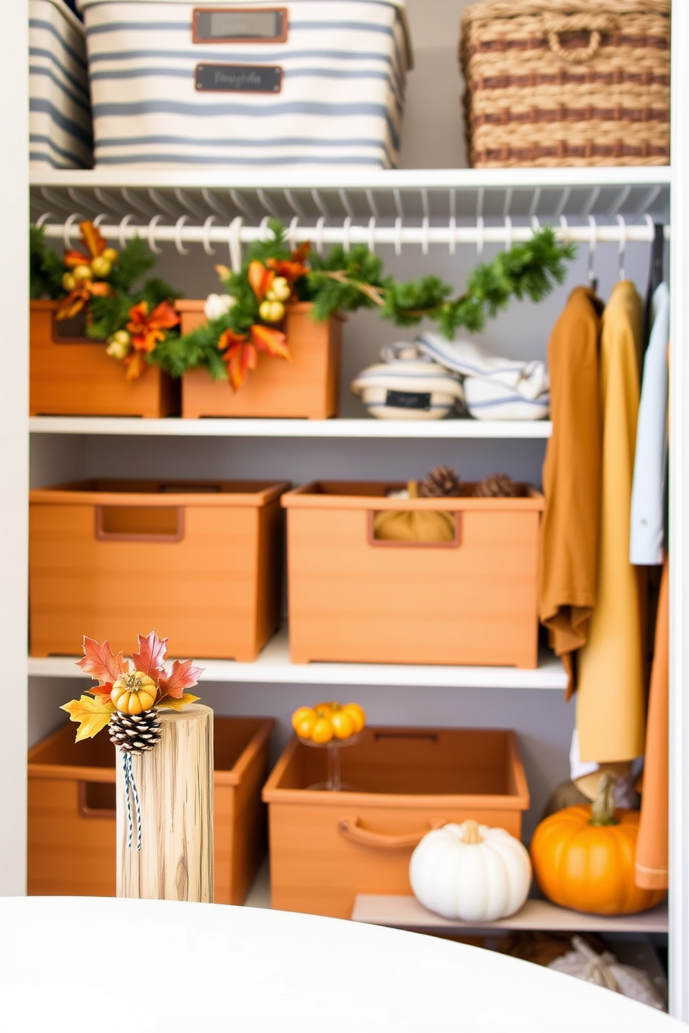 Seasonal napkin holders for dining. Each napkin holder is crafted from natural materials like wood and adorned with autumn leaves and small pumpkins to create a festive atmosphere. Thanksgiving closet decorating ideas. The closet is organized with decorative bins in warm colors, featuring seasonal accents like pinecones and garlands to enhance the holiday spirit.