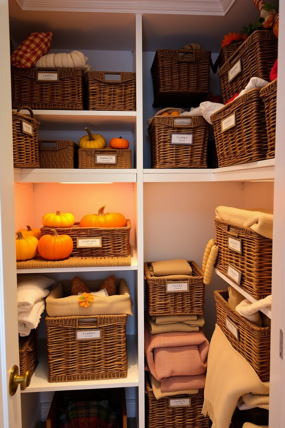 A cozy closet space designed for Thanksgiving decorations. The shelves are lined with decorative baskets in warm autumn colors filled with seasonal items like pumpkins, gourds, and fall-themed linens. Each basket has a label indicating its contents, creating an organized and inviting atmosphere. Soft, ambient lighting enhances the warm tones of the decor, making the closet feel welcoming and festive.