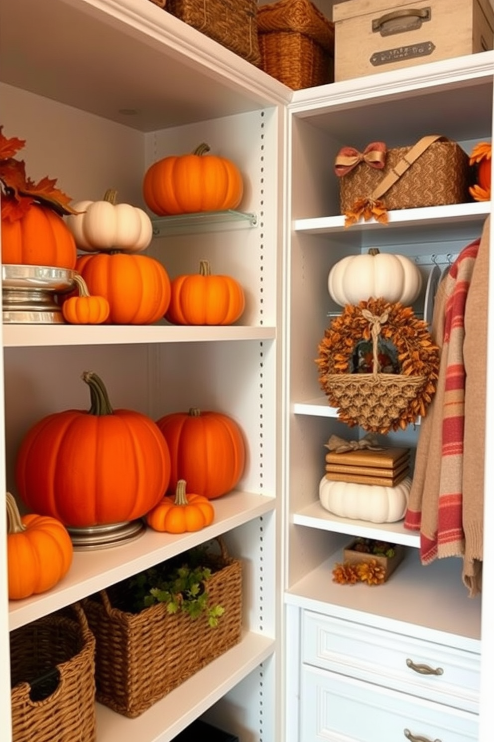 A cozy closet decorated for Thanksgiving features shelves adorned with vibrant pumpkin accents. The warm hues of the pumpkins contrast beautifully with the neutral tones of the closet, creating a festive atmosphere.