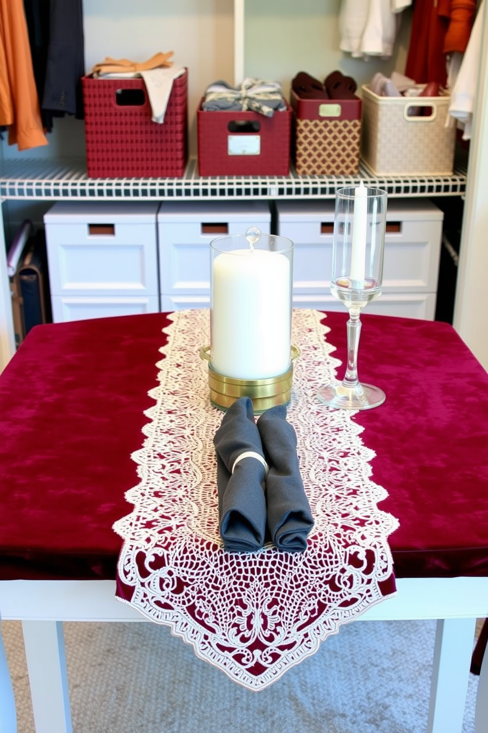 Layered table runners in rich autumn colors create a warm and inviting Thanksgiving dining experience. The top runner features a delicate lace design, while the bottom is a plush velvet in a deep burgundy, adding depth and texture to the table setting. Closet decorating ideas focus on maximizing space while maintaining an aesthetically pleasing look. Incorporate decorative bins and baskets in coordinating colors to organize accessories, and use stylish hangers to showcase your favorite outfits.