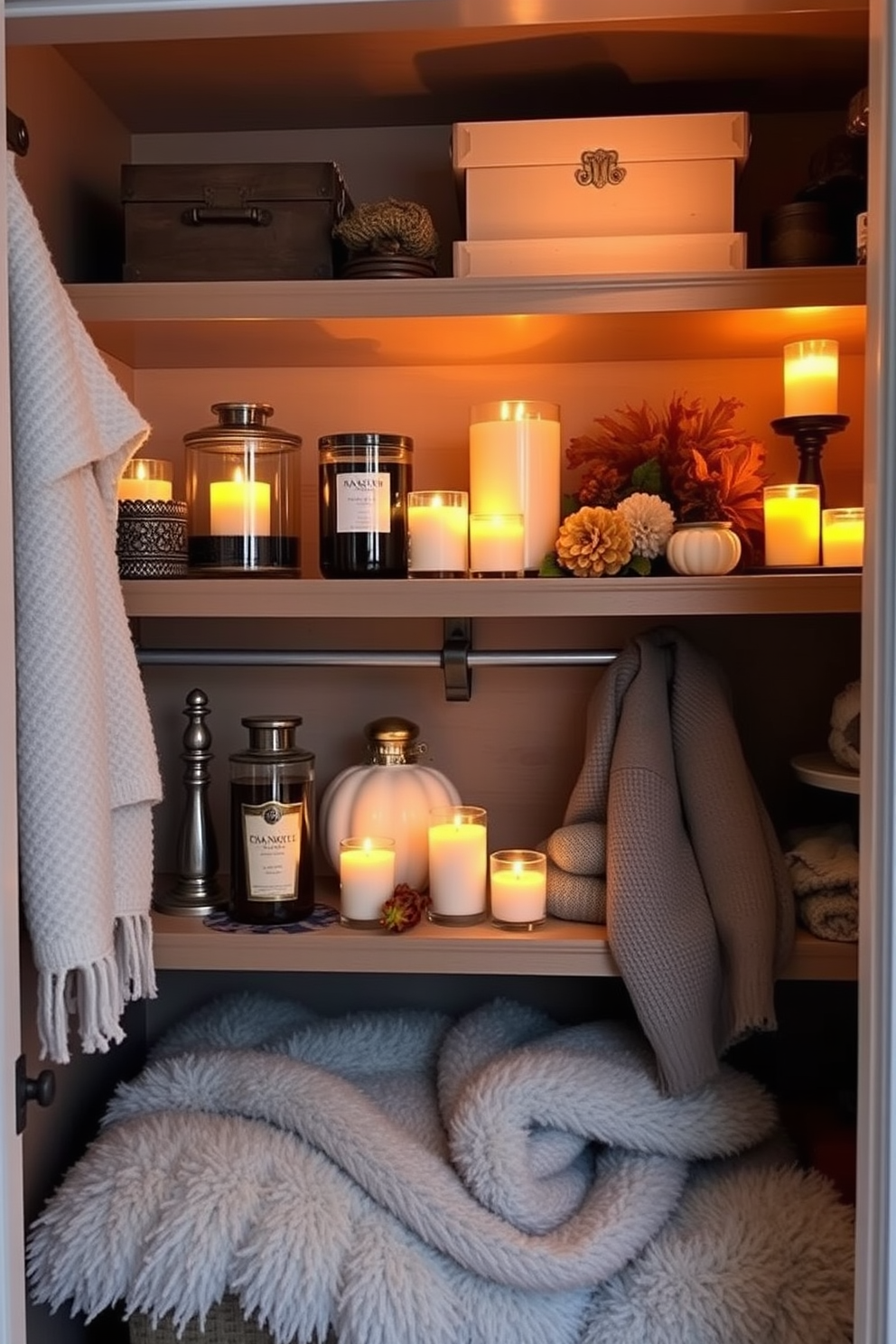 A cozy Thanksgiving closet adorned with candles in warm fall scents. The shelves are lined with decorative boxes and seasonal decor, creating a welcoming atmosphere. Soft golden light from the flickering candles enhances the rich autumn colors of the closet. Plush throws and seasonal accents add a touch of comfort and style to the space.