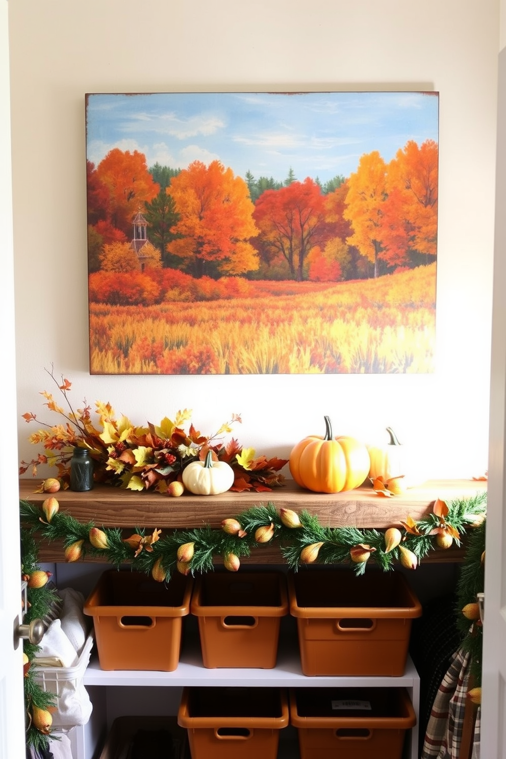 Thanksgiving-themed artwork on display. A large canvas featuring a vibrant autumn landscape hangs above a rustic wooden mantel adorned with pumpkins and seasonal foliage. Thanksgiving Closet Decorating Ideas. The closet is organized with warm-toned storage bins and festive garlands, creating a cozy atmosphere perfect for the holiday season.