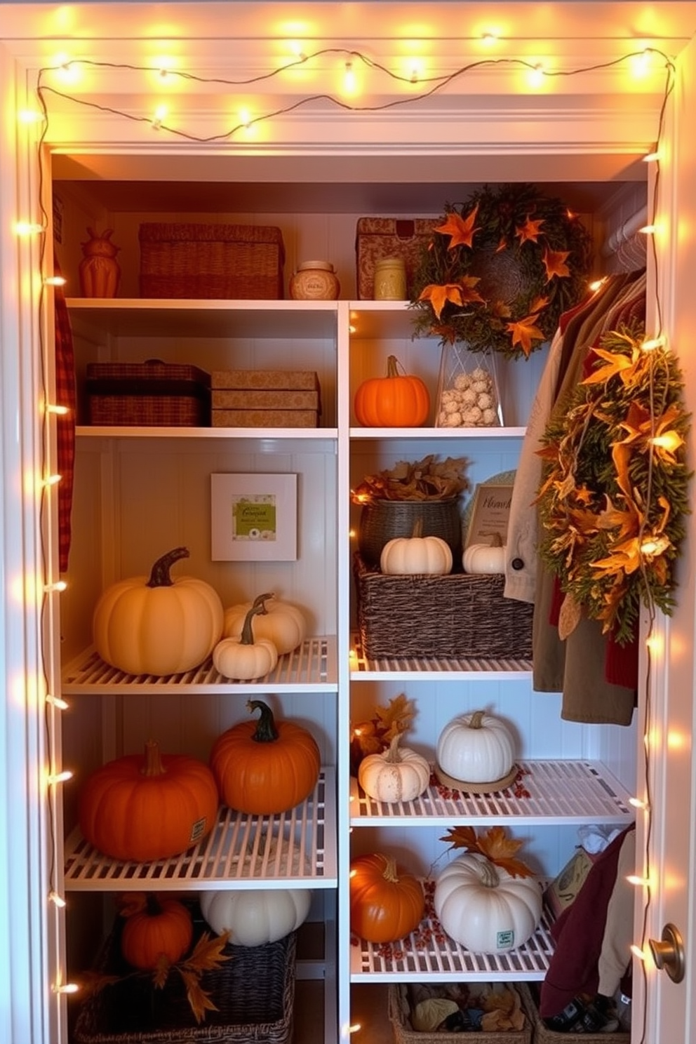 A cozy closet space adorned with fairy lights that create a warm and inviting glow. The shelves are filled with neatly organized seasonal decorations, including pumpkins and autumn leaves, enhancing the Thanksgiving theme.