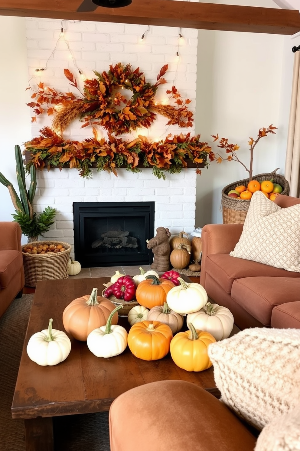 A cozy living room adorned with natural elements for Thanksgiving. There are clusters of pumpkins and gourds in various sizes arranged on a rustic wooden coffee table surrounded by plush, earth-toned sofas. The fireplace is decorated with autumn leaves and twinkling fairy lights, creating a warm ambiance. A large woven basket filled with colorful gourds sits next to the hearth, enhancing the seasonal charm of the space.