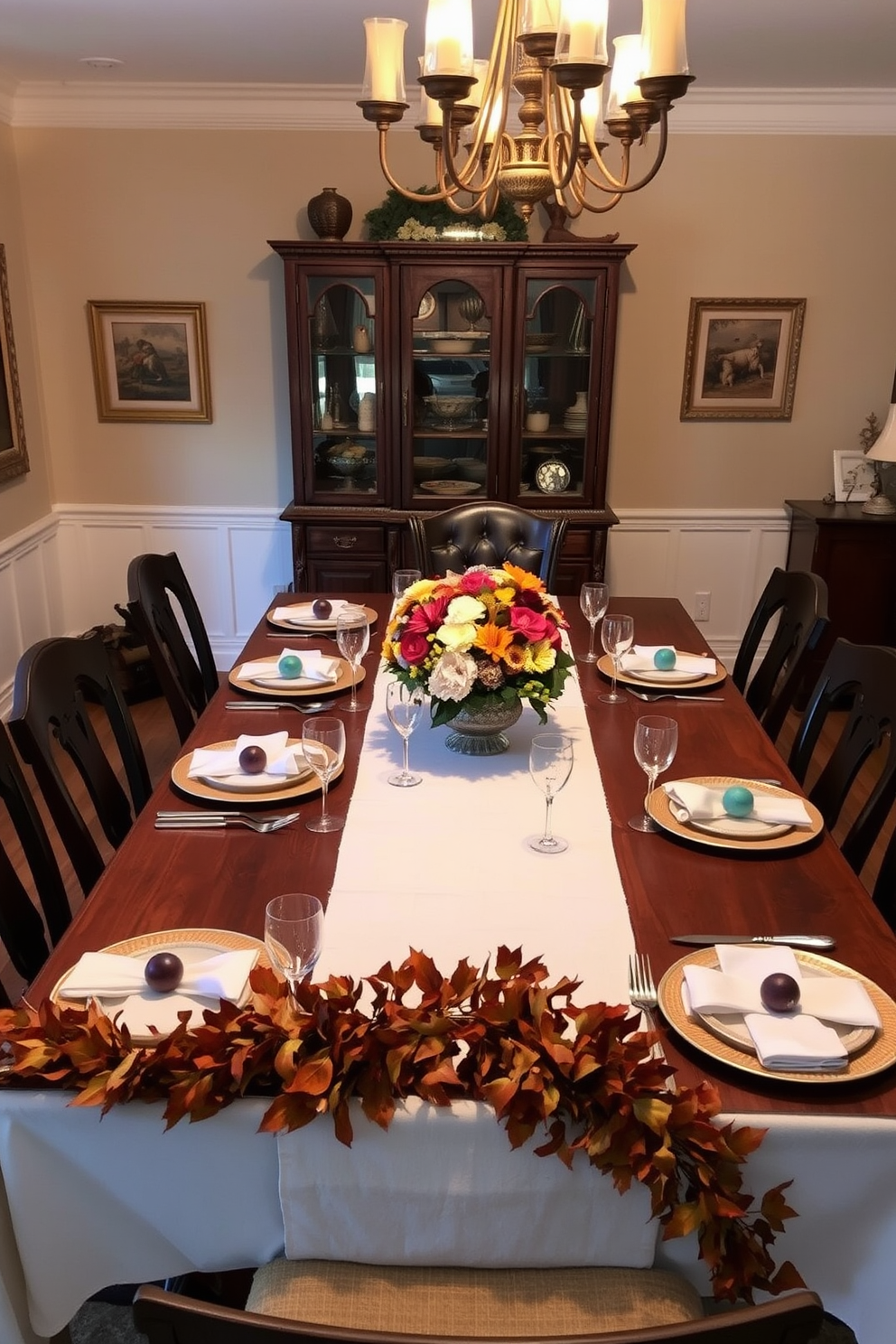 A cozy dining room set for Thanksgiving. A large wooden table is adorned with a white tablecloth, featuring a centerpiece of fresh flowers in seasonal colors, surrounded by elegant place settings. Soft golden light emanates from a chandelier above, casting a warm glow on the rich autumn tones of the decor. The walls are decorated with fall-themed artwork, and a garland of leaves drapes along the table's edge.