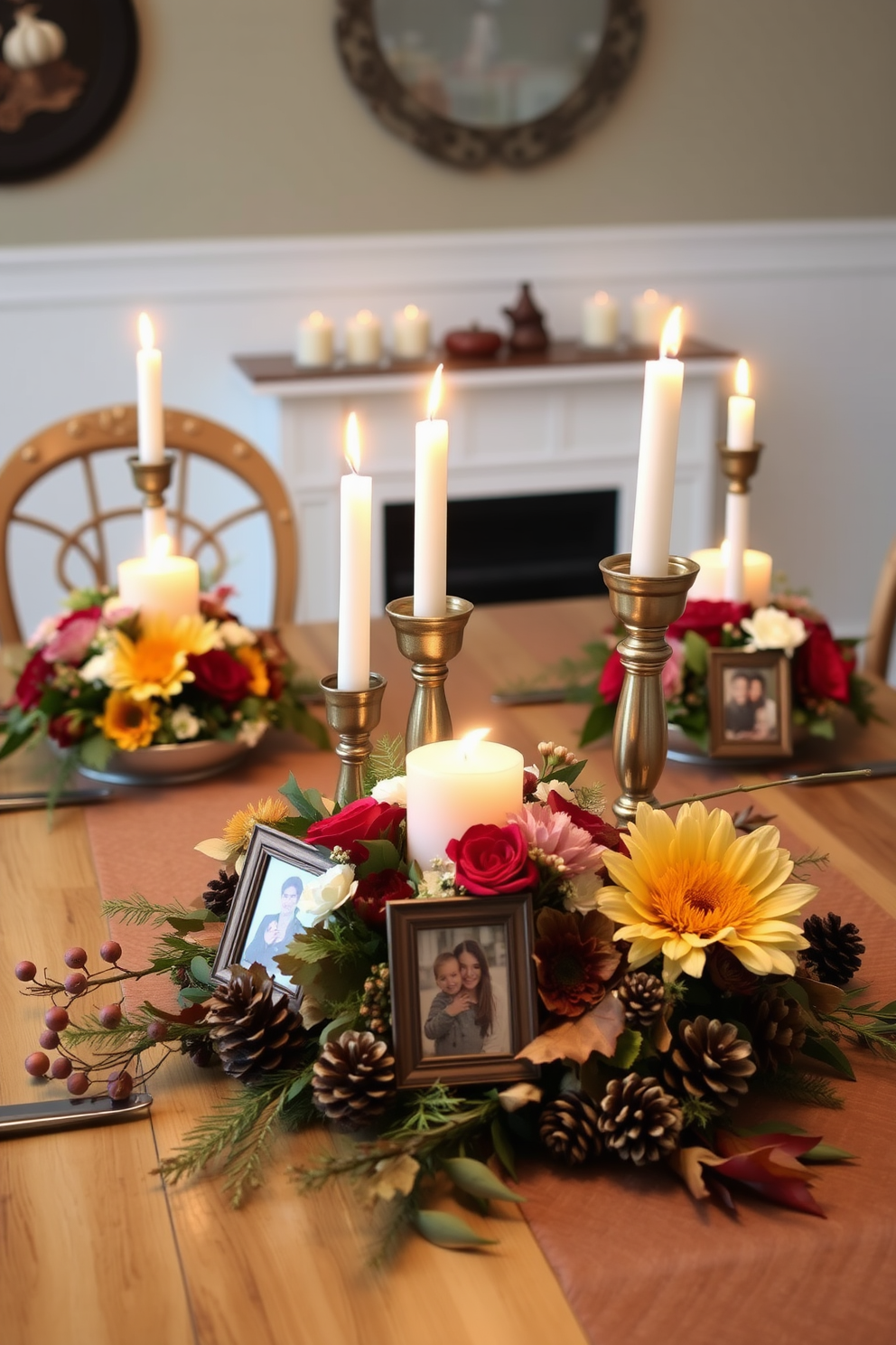 A cozy dining table adorned with DIY centerpieces that reflect personal memories. Each centerpiece features a mix of seasonal flowers, candles in varying heights, and small framed photos of family gatherings. Natural elements like pinecones and autumn leaves are incorporated to enhance the Thanksgiving theme. Soft, warm lighting creates an inviting atmosphere perfect for family and friends to gather around.