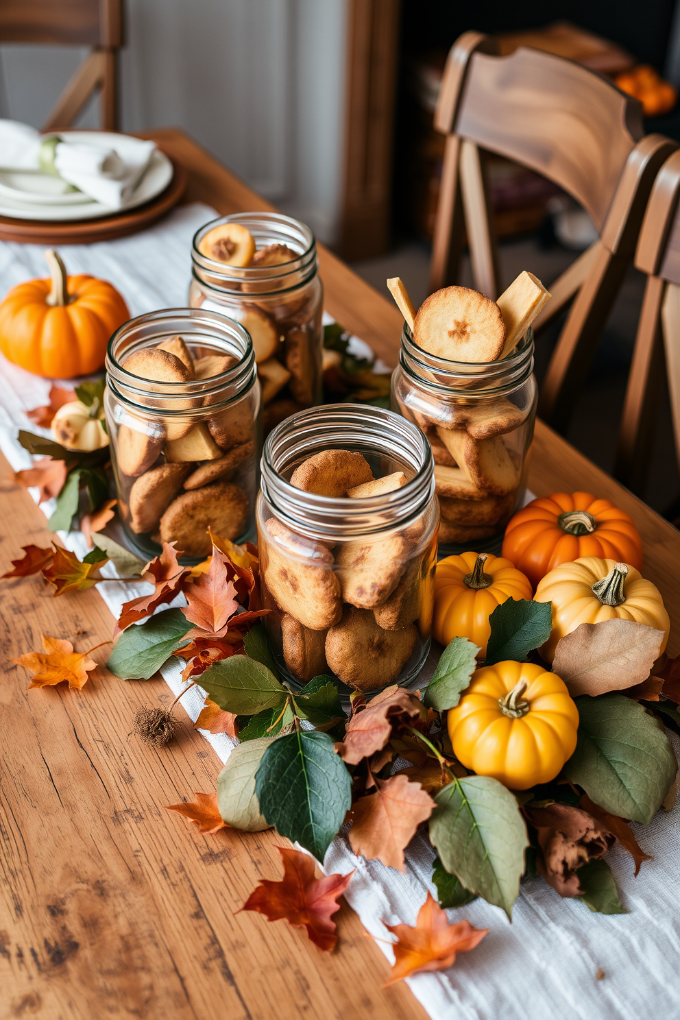 A cozy Thanksgiving setting featuring a rustic wooden table adorned with a white tablecloth. On the table, glass jars filled with seasonal treats like pumpkin spice cookies and caramel apples are artfully arranged among autumn leaves and small pumpkins.