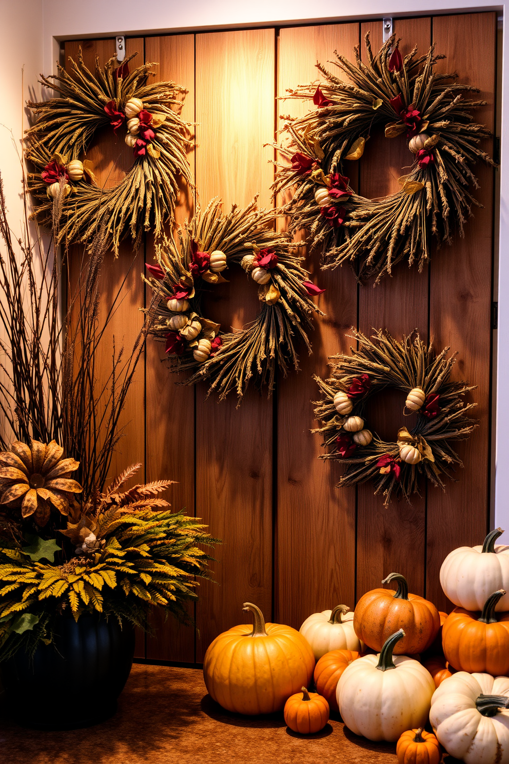 A warm and inviting Thanksgiving setting featuring wreaths made from dried foliage. The wreaths are adorned with accents of deep red and gold, creating a rich contrast against the rustic wooden door they hang on. Surrounding the door, a collection of pumpkins in various sizes and colors adds a festive touch to the entrance. Soft, ambient lighting enhances the cozy atmosphere, making the space feel welcoming for guests.