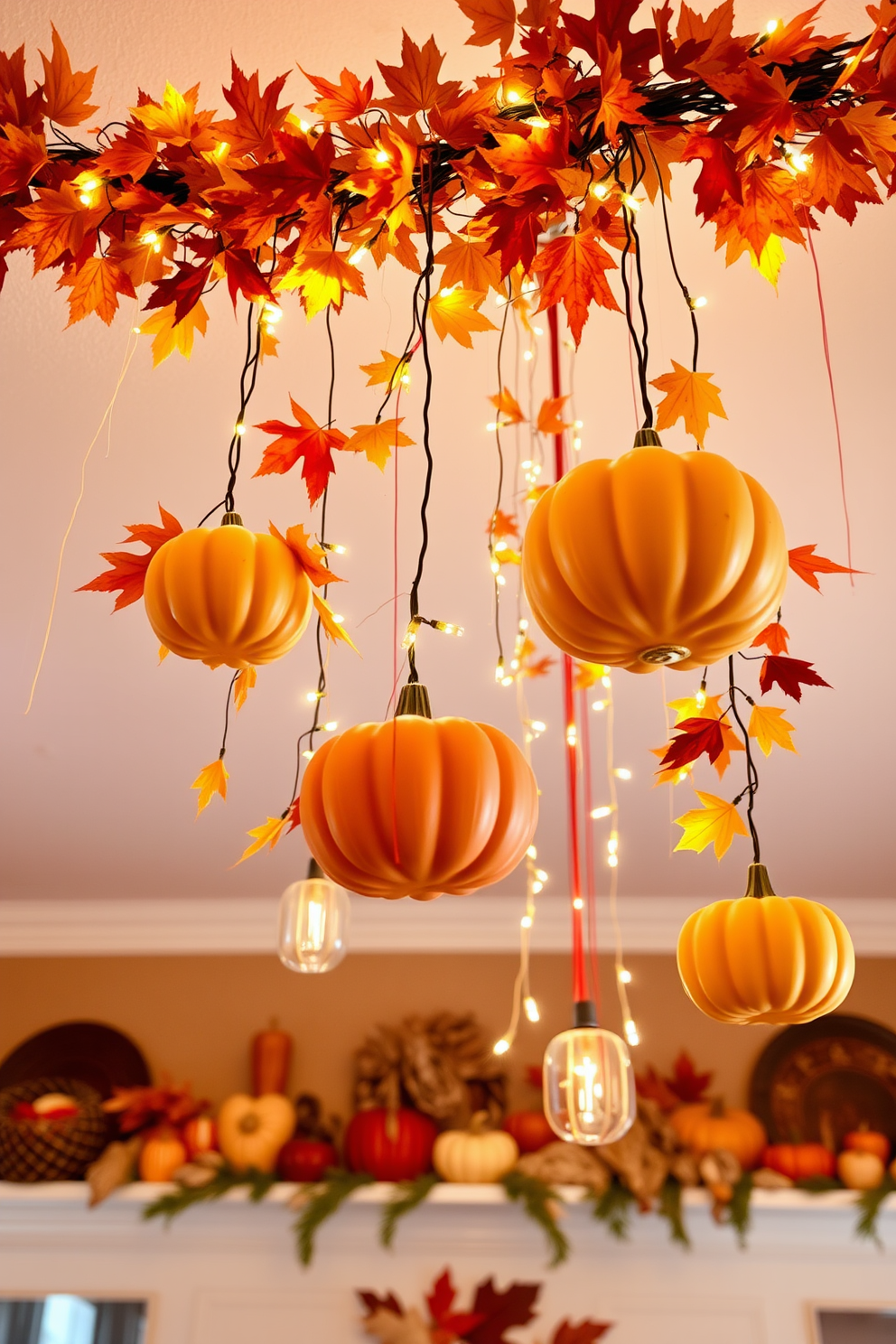 Create a warm and inviting Thanksgiving setting with hanging decorations from the ceiling. Use a mix of autumn leaves, golden pumpkins, and twinkling fairy lights to enhance the festive atmosphere. Incorporate natural elements like dried corn and colorful gourds to add texture and warmth. The overall color palette should include rich oranges, deep reds, and earthy browns to evoke the spirit of the season.