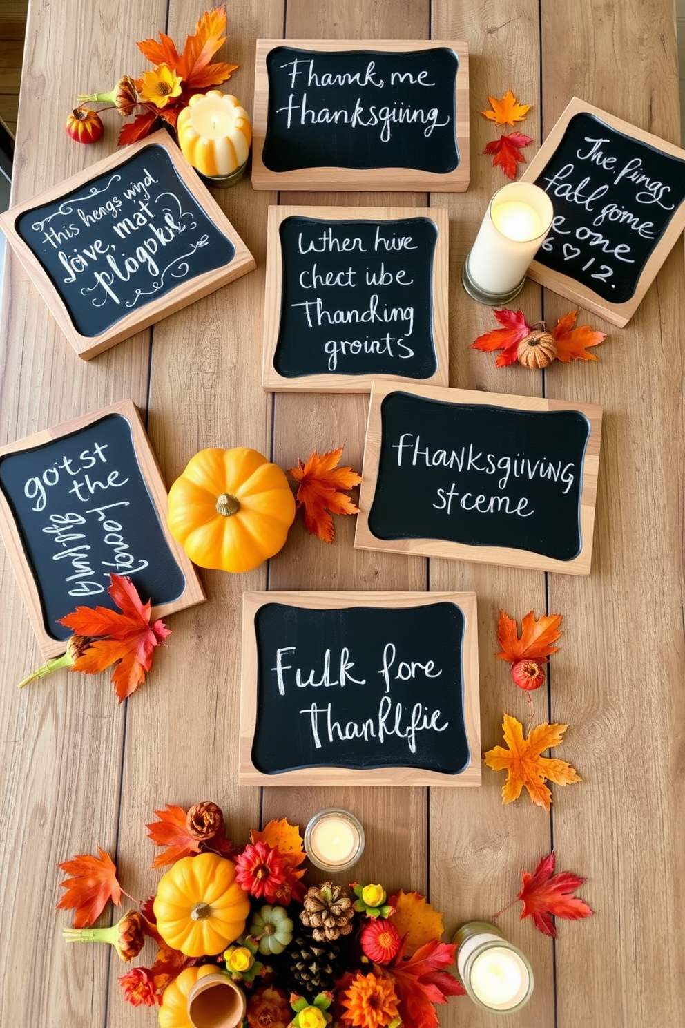 Chalkboard signs are creatively arranged on a rustic wooden table, each sign featuring handwritten messages in white chalk. Surrounding the signs are autumn-themed decorations, including small pumpkins, vibrant fall leaves, and warm candlelight, creating a cozy and inviting Thanksgiving atmosphere.