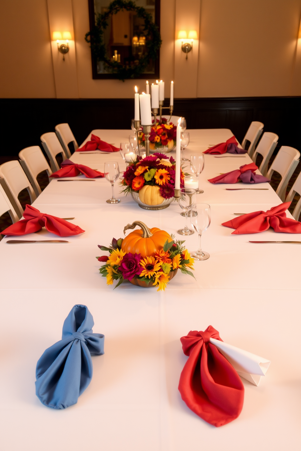 Crisp white linens are elegantly spread across a long dining table, complemented by vibrant, colorful napkins folded in intricate designs. Centerpieces of seasonal flowers and pumpkins add a festive touch, while soft candlelight creates a warm and inviting atmosphere.