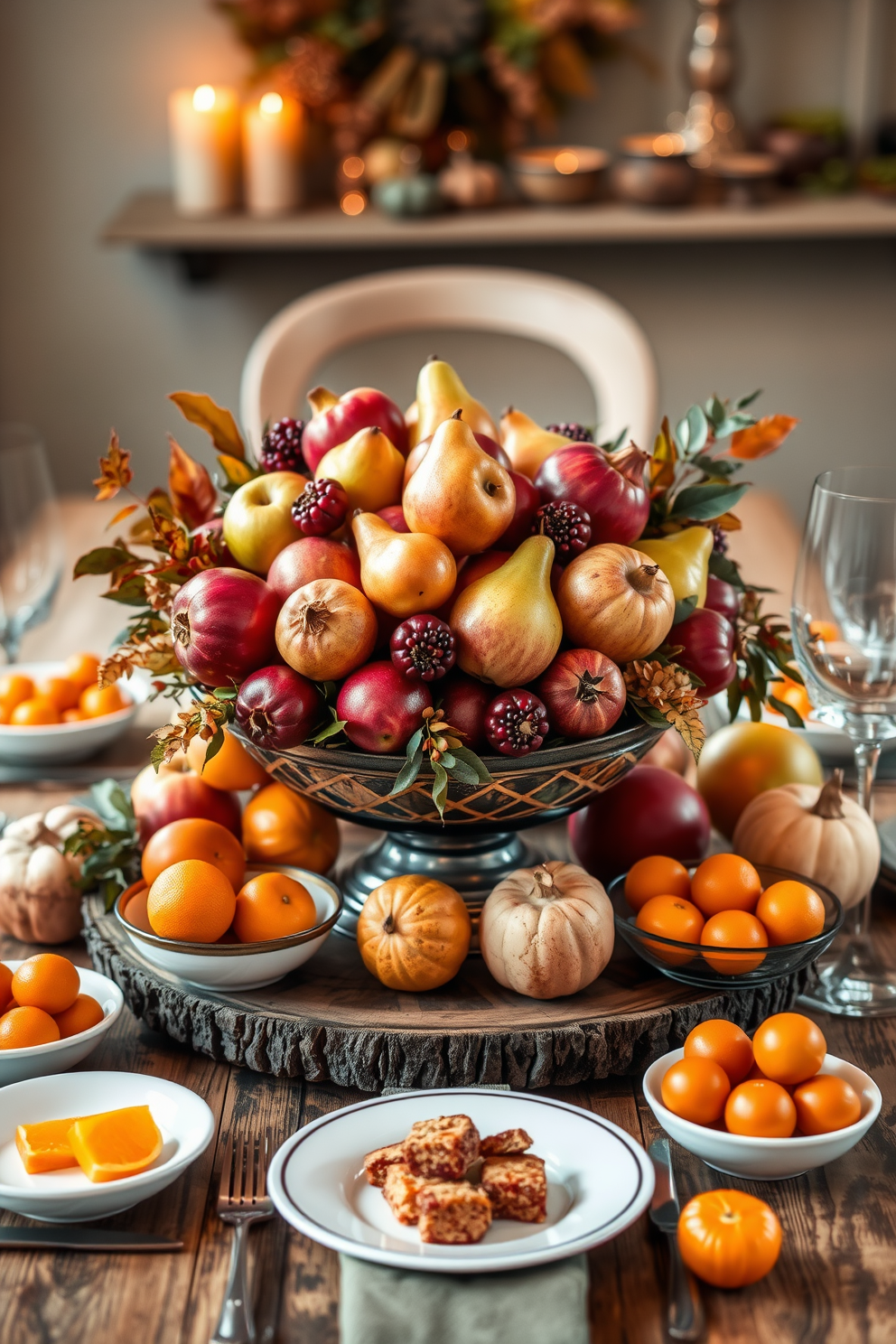 A beautifully arranged table setting for Thanksgiving featuring an assortment of seasonal fruits. A centerpiece bowl overflowing with vibrant apples, pears, and pomegranates sits atop a rustic wooden table. Surrounding the centerpiece, smaller dishes hold individual servings of citrus fruits like oranges and tangerines. Soft, warm candlelight flickers in the background, enhancing the cozy autumn atmosphere.