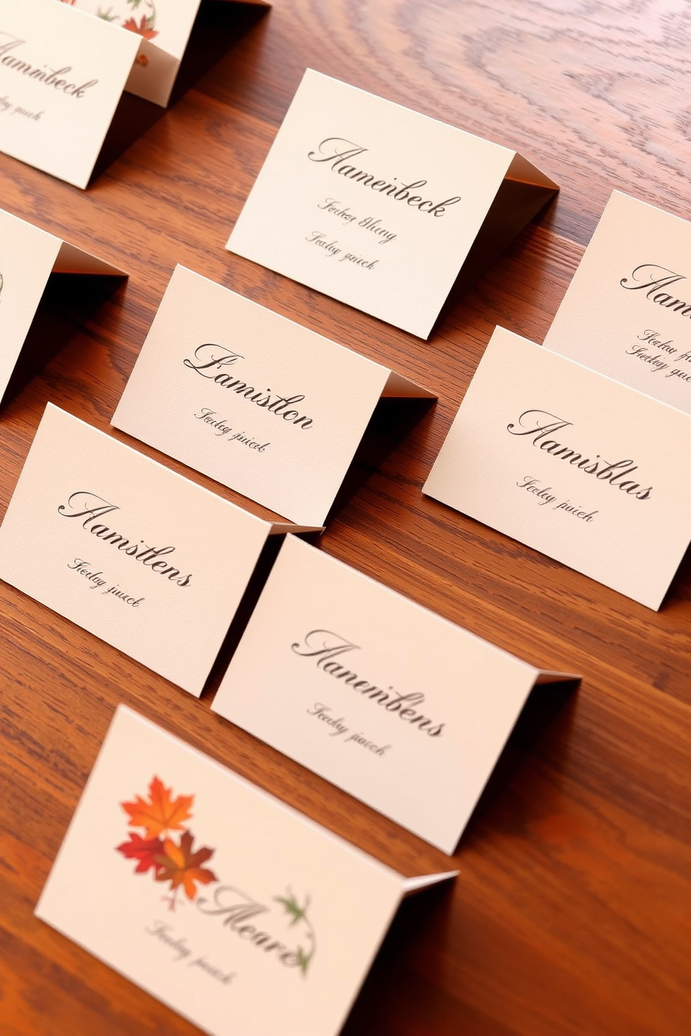 Craft paper place cards for guests. Each card is adorned with elegant handwritten names and a small autumn-themed illustration.