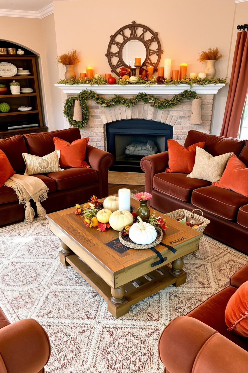 A cozy living room adorned with warm earthy tones. Plush brown sofas are complemented by rust-colored throw pillows, while a soft beige rug anchors the space. A rustic wooden coffee table sits at the center, surrounded by woven baskets filled with seasonal decorations. On the mantel, a collection of autumn-themed candles and small pumpkins creates a welcoming atmosphere.