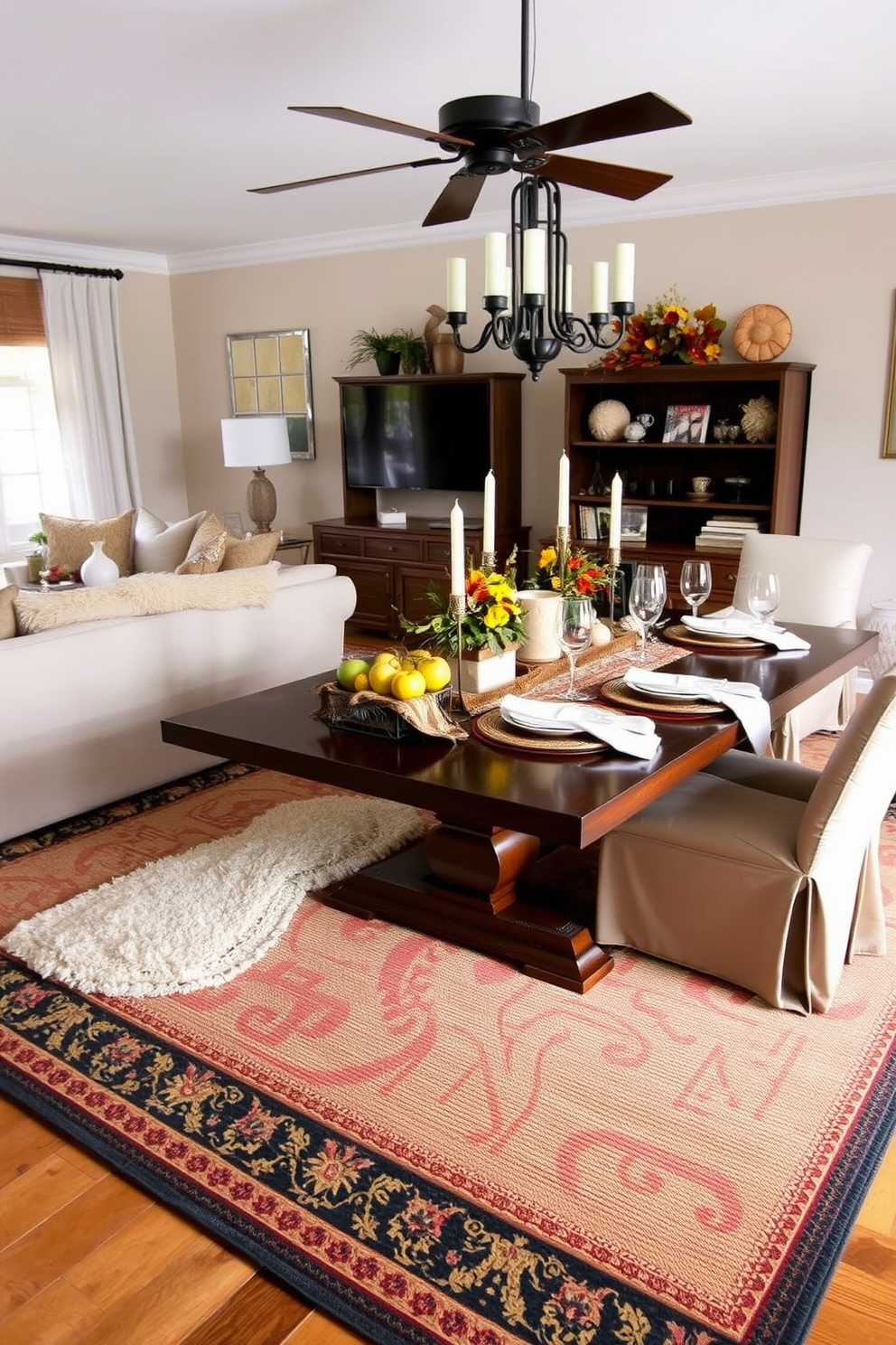 A cozy living room featuring layered rugs of various textures and colors to create a warm and inviting atmosphere. The top rug is a plush cream shag that contrasts beautifully with a bold patterned flatweave underneath, enhancing the room's depth and comfort. A festive dining table adorned with Thanksgiving decorations, including a rustic centerpiece of seasonal fruits and candles. The table is set with elegant dishware and soft linen napkins, creating a warm and welcoming environment for family gatherings.