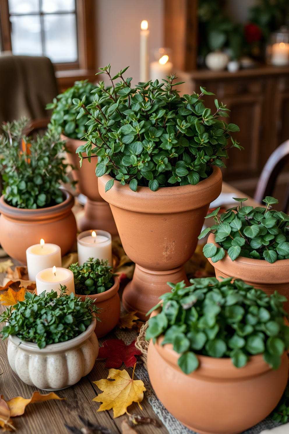 A warm and inviting Thanksgiving setting featuring earthy terracotta pots filled with lush green plants. The pots are arranged on a rustic wooden table adorned with autumn leaves and candles, creating a cozy atmosphere.