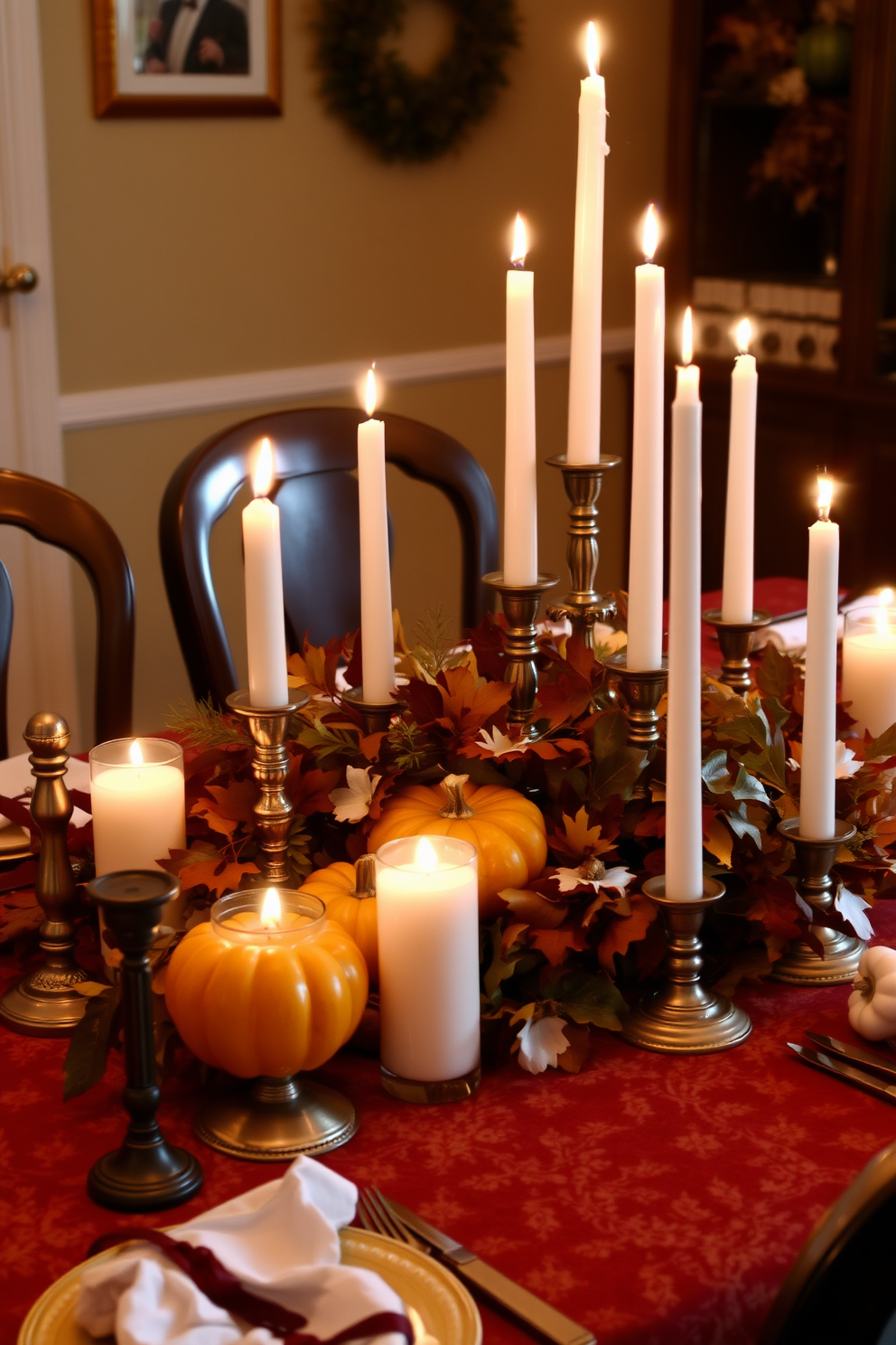 A warm and inviting Thanksgiving table setting adorned with candles of varying heights and sizes. The flickering candlelight casts a soft glow over a rich autumnal tablecloth, complemented by a centerpiece of seasonal foliage and small pumpkins.