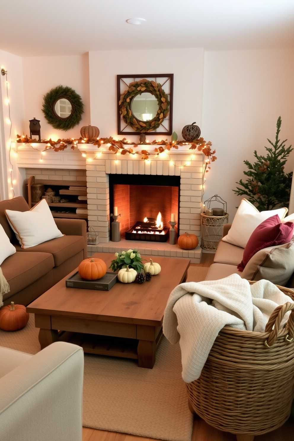 A cozy living room adorned with soft string lights creates a warm and inviting atmosphere. The space features a rustic wooden coffee table surrounded by plush sofas, with autumn-themed decorations like pumpkins and pinecones scattered throughout. On the mantle, a garland of leaves and fairy lights adds a festive touch. A large woven basket filled with blankets sits in the corner, inviting guests to relax and enjoy the Thanksgiving spirit.