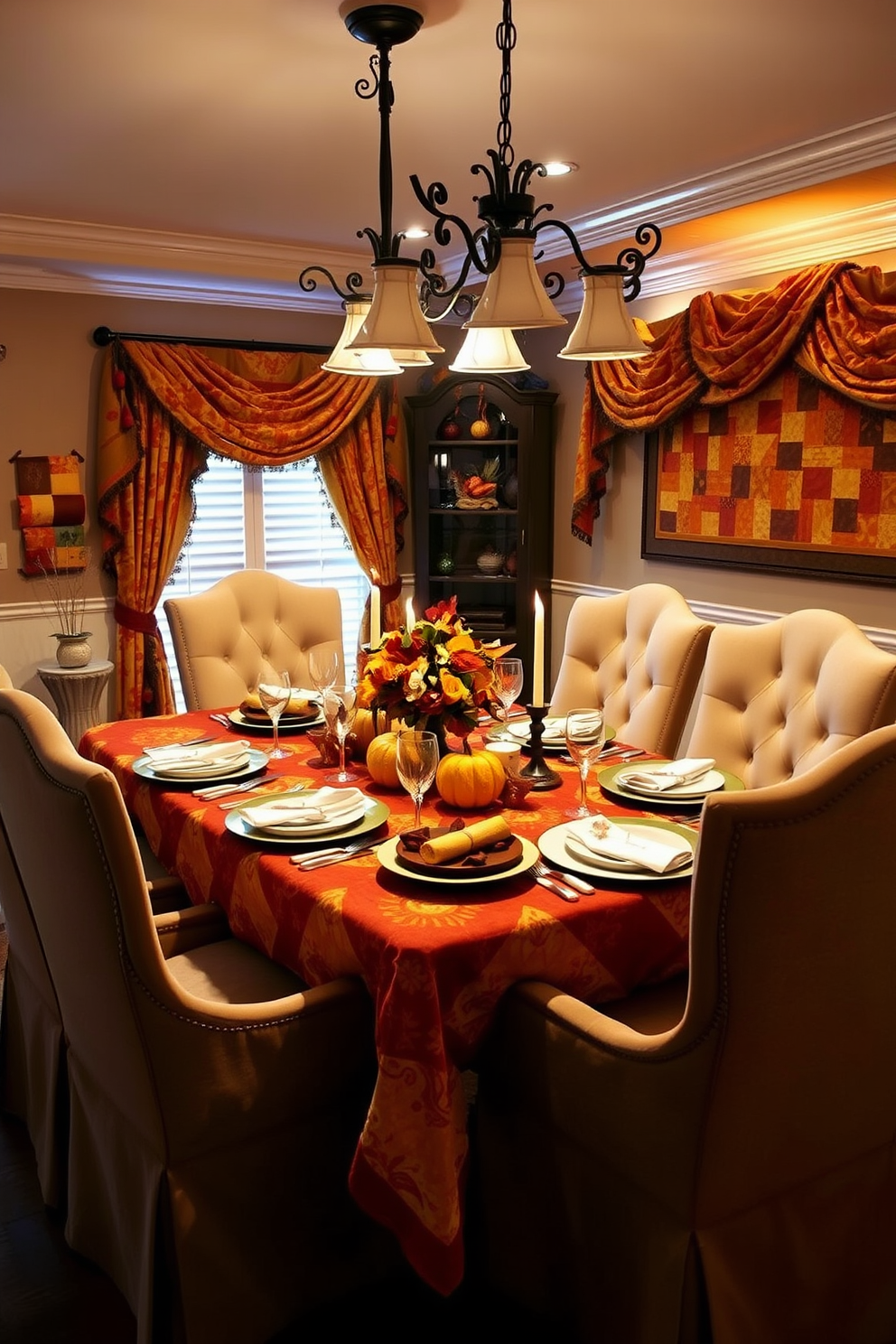 A cozy dining room setting adorned with quilted tablecloths in warm autumn colors. The table is set for Thanksgiving with elegant dinnerware, surrounded by plush chairs and soft ambient lighting.