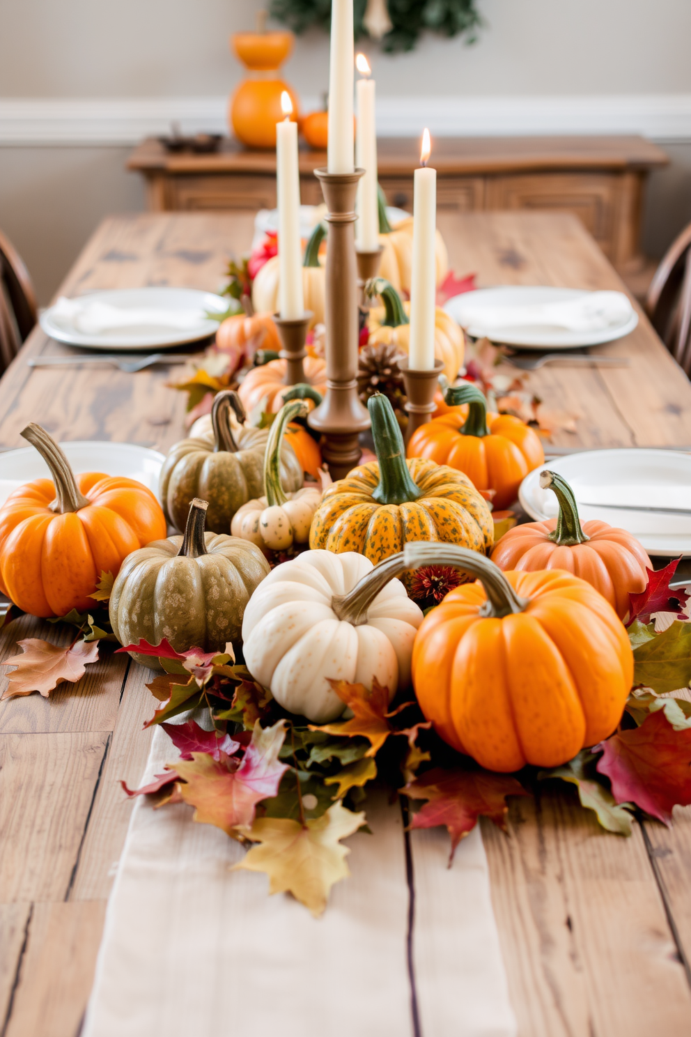 Colorful gourds are arranged as accent pieces on a rustic wooden table, creating a warm and inviting atmosphere for Thanksgiving. The table is adorned with a soft cream tablecloth, and a variety of gourds in shades of orange, green, and yellow are artfully placed alongside candles and autumn leaves.