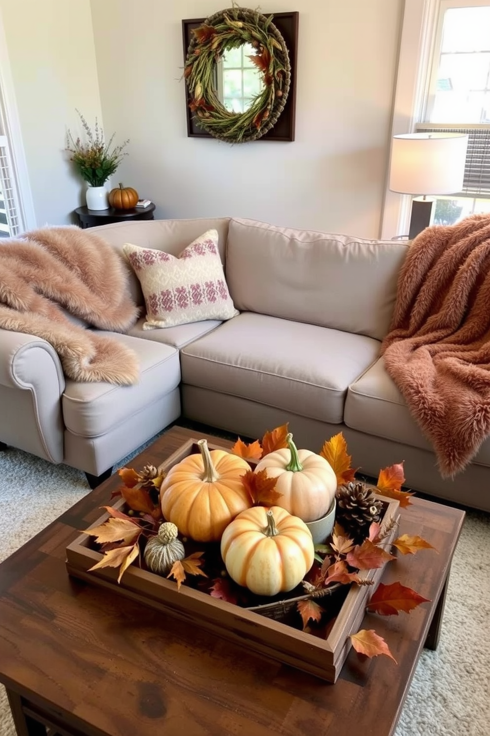 A cozy living room adorned for Thanksgiving. Plush faux fur throws are draped over a comfortable sectional sofa, creating an inviting atmosphere for family gatherings. Autumn-inspired decorations enhance the space. Warm-toned pumpkins and golden leaves are artfully arranged on the coffee table, complemented by soft candlelight for a festive touch.