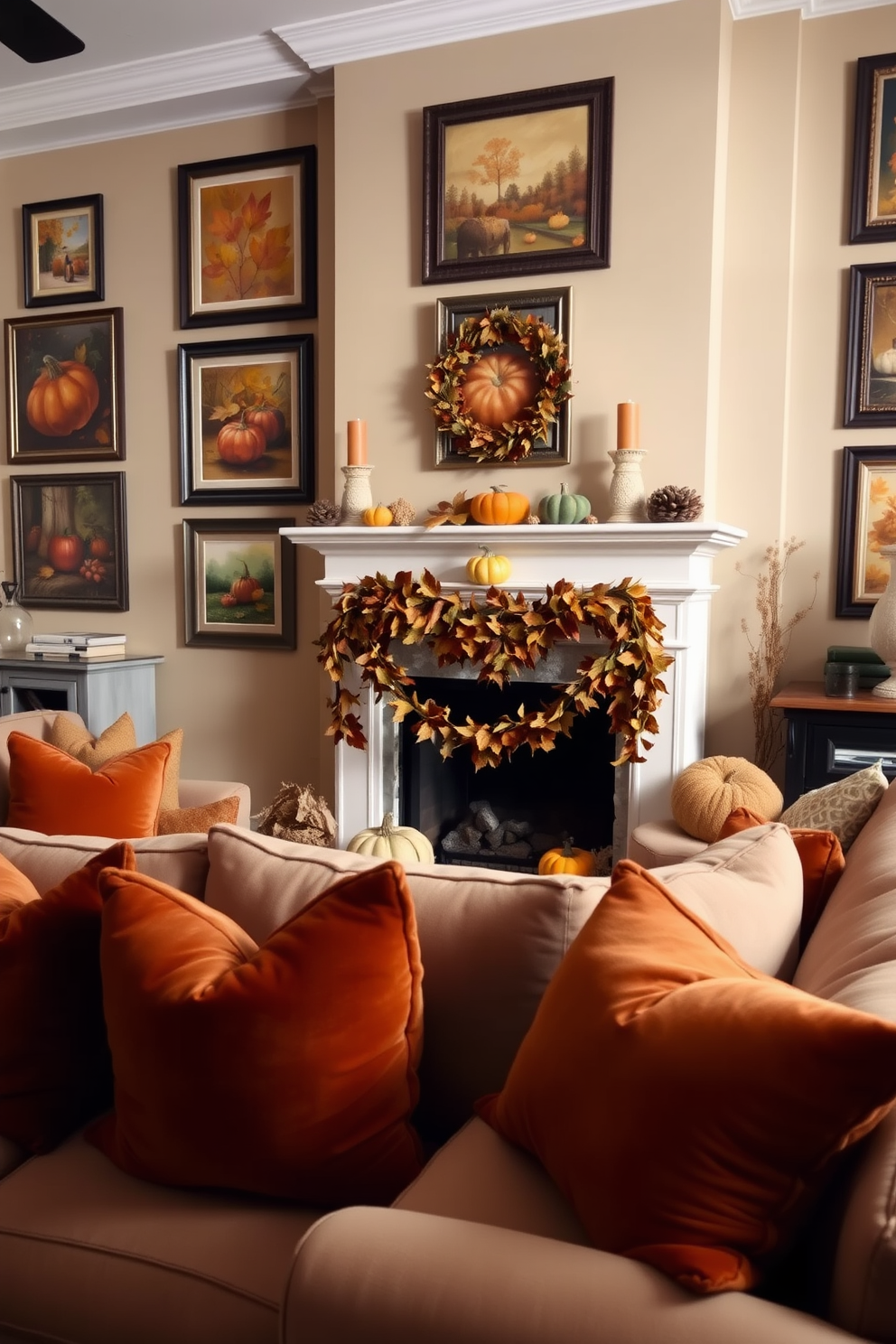 A warm and inviting living room adorned with seasonal artwork that celebrates Thanksgiving. The walls showcase a collection of framed prints featuring autumn leaves, pumpkins, and harvest scenes in rich, earthy tones. A cozy fireplace is decorated with a garland of faux fall leaves and small decorative gourds. Plush throw pillows in burnt orange and deep gold hues are scattered across a soft beige sofa, enhancing the festive atmosphere.