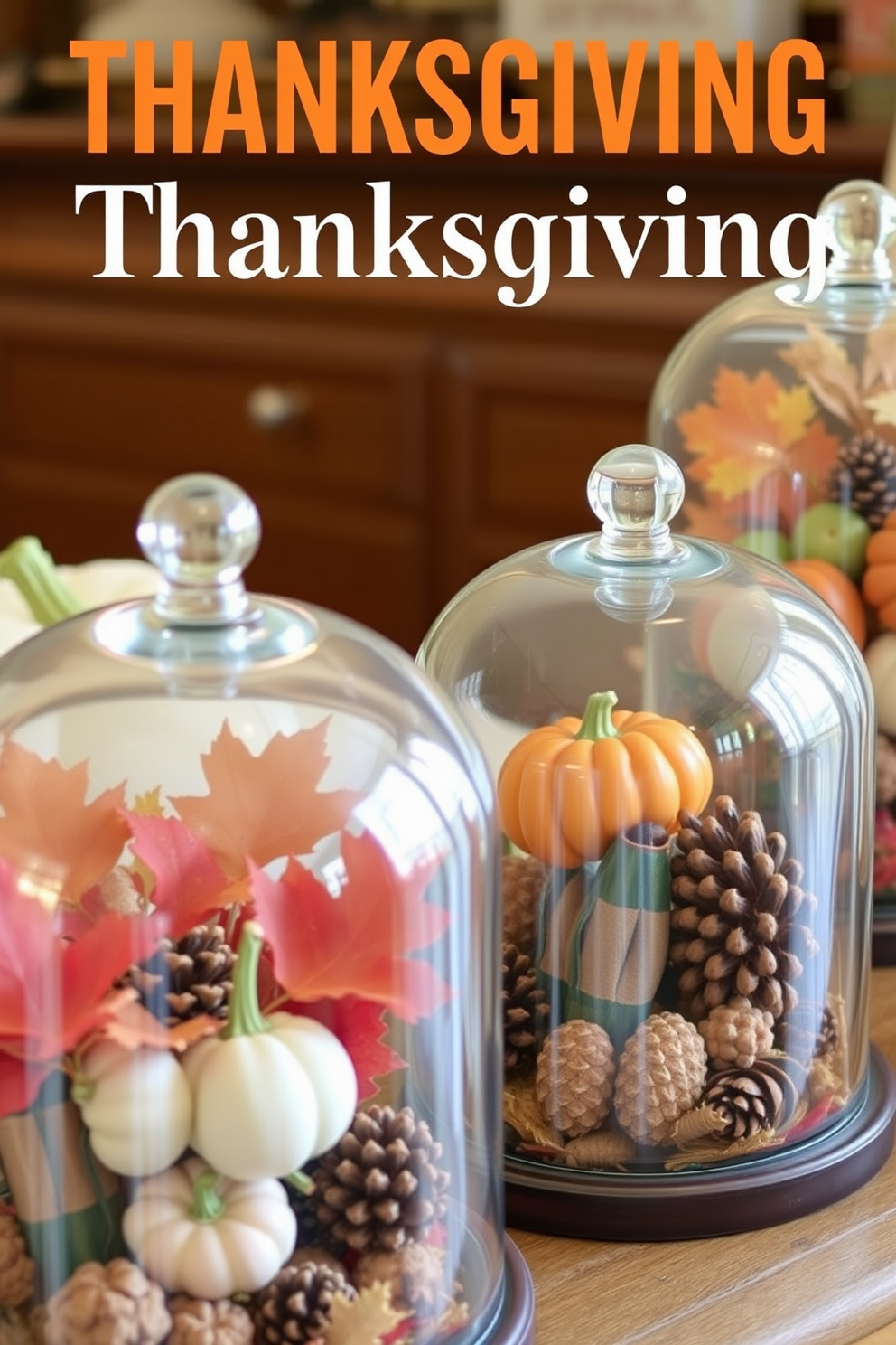 A warm and inviting Thanksgiving display featuring glass cloches filled with seasonal decorative elements. Each cloche showcases a unique arrangement of autumn leaves, miniature pumpkins, and pinecones, creating a cozy atmosphere for the holiday.