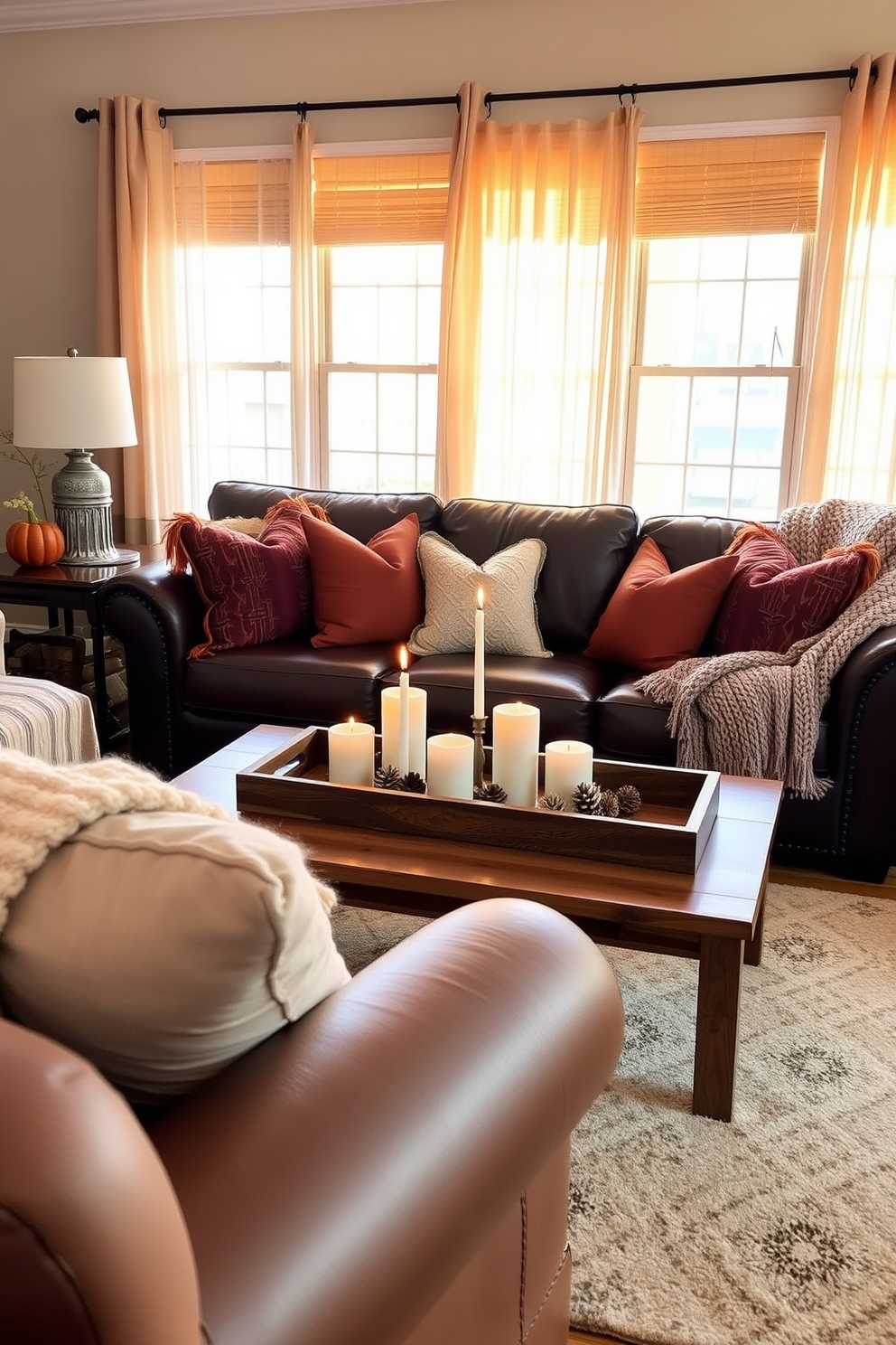 A cozy living room adorned with layered textures and soft fabrics. Plush throw pillows in rich autumn colors are scattered across a deep brown leather sofa, while a chunky knit blanket drapes over the armrest. A rustic wooden coffee table sits at the center, topped with a decorative tray holding candles and pinecones. The windows are dressed with sheer curtains that gently filter the warm, golden light, creating an inviting atmosphere for Thanksgiving gatherings.