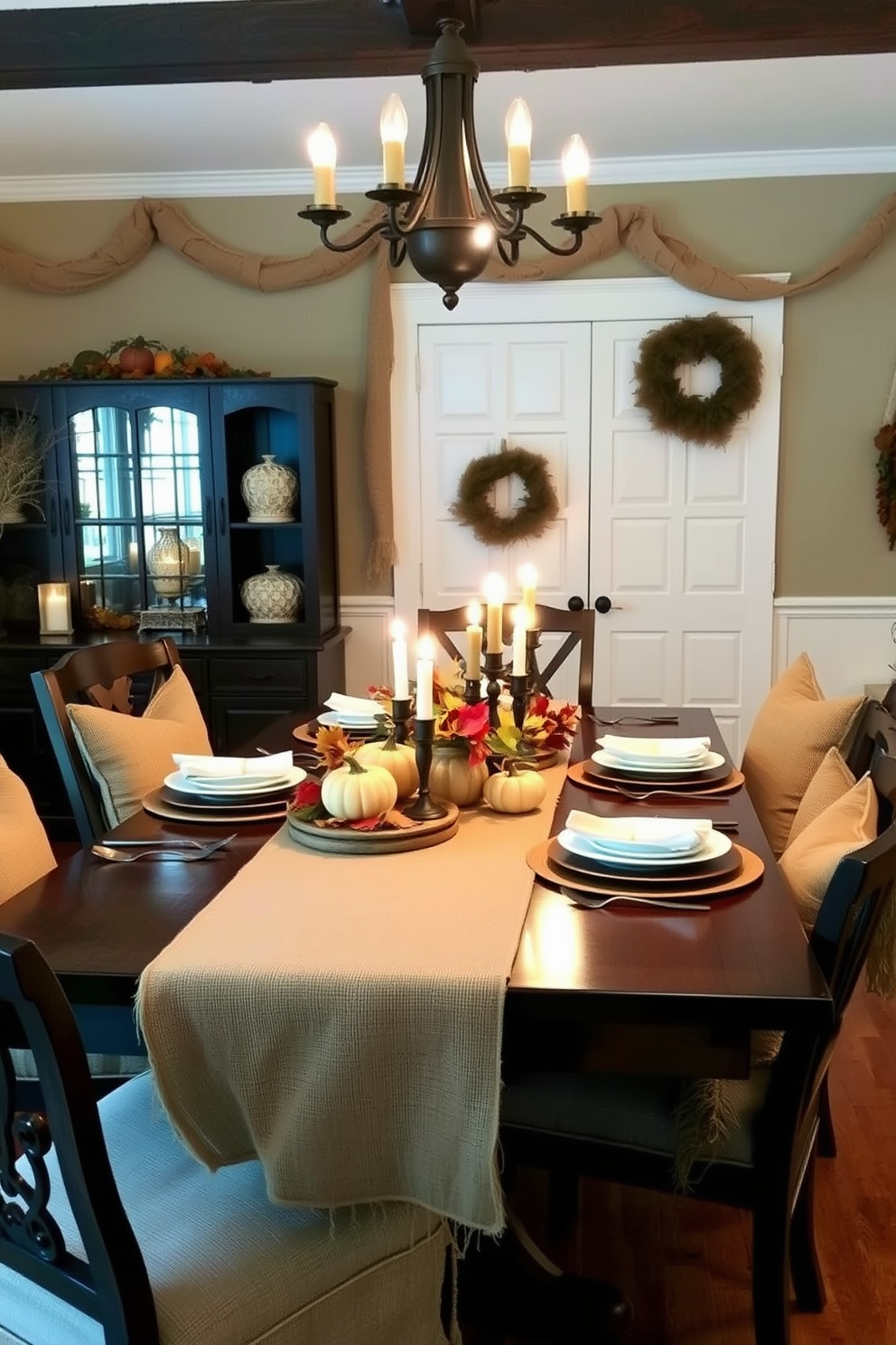 A cozy dining room adorned with burlap accents creates a warm and inviting atmosphere for Thanksgiving. The table is set with a burlap table runner, complemented by rustic wooden place settings and seasonal centerpieces featuring pumpkins and autumn leaves. Soft burlap cushions on the chairs add comfort and style, while hanging burlap garlands create a festive ambiance. Warm candlelight flickers from burlap-wrapped candle holders, enhancing the rustic charm of the space.