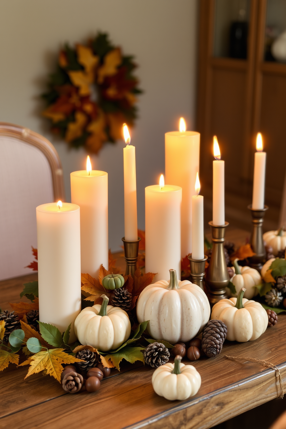 Elegant candle arrangements for ambiance. Softly flickering candles in varying heights are grouped together on a rustic wooden table adorned with autumn leaves and small pumpkins. The warm glow of the candles casts a cozy light, creating an inviting atmosphere perfect for Thanksgiving gatherings. Surround the candle display with seasonal decorations like pinecones and acorns to enhance the festive vibe.