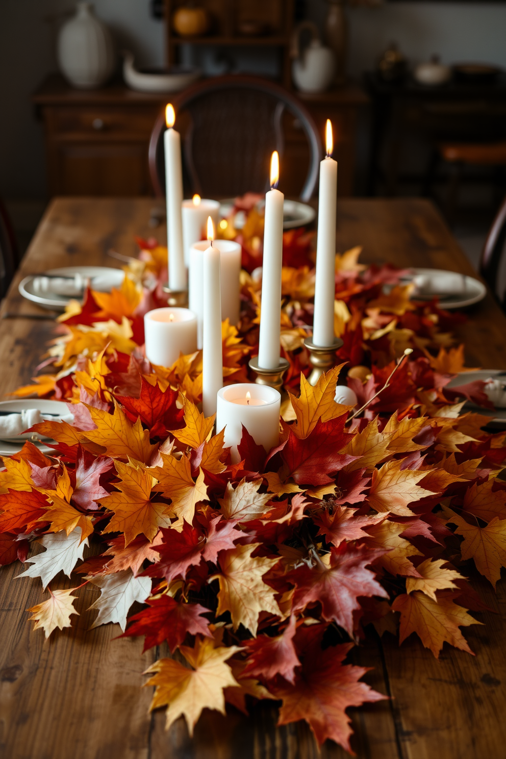 A rustic dining table adorned with autumn leaves in vibrant shades of orange, yellow, and red. Candles in varying heights are placed among the leaves, creating a warm and inviting atmosphere for Thanksgiving.