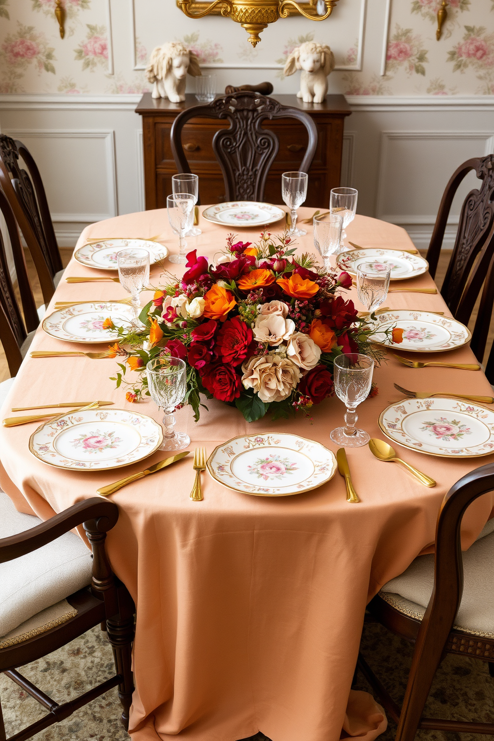 A beautifully set dining table adorned with vintage china featuring intricate floral patterns. The table is draped with a soft linen tablecloth in warm autumn hues, complemented by golden cutlery and crystal glassware. Surrounding the table, elegant wooden chairs with plush cushions invite guests to gather. Centered on the table, a stunning arrangement of seasonal flowers in rich reds and oranges adds a festive touch.