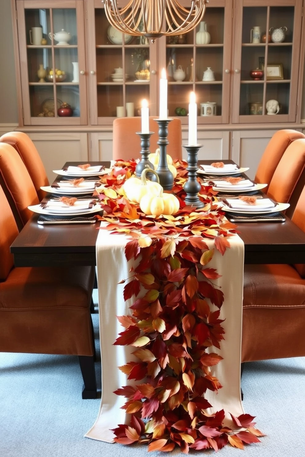 A beautiful Thanksgiving dining room features a table adorned with a stunning autumn leaves table runner that cascades elegantly down the center. Surrounding the table are plush upholstered chairs in warm earth tones, creating a cozy and inviting atmosphere for family gatherings. On the table, there are decorative pumpkins and gourds nestled among the vibrant leaves, adding a seasonal touch. Soft candlelight flickers from rustic holders, casting a warm glow over the festive setting.