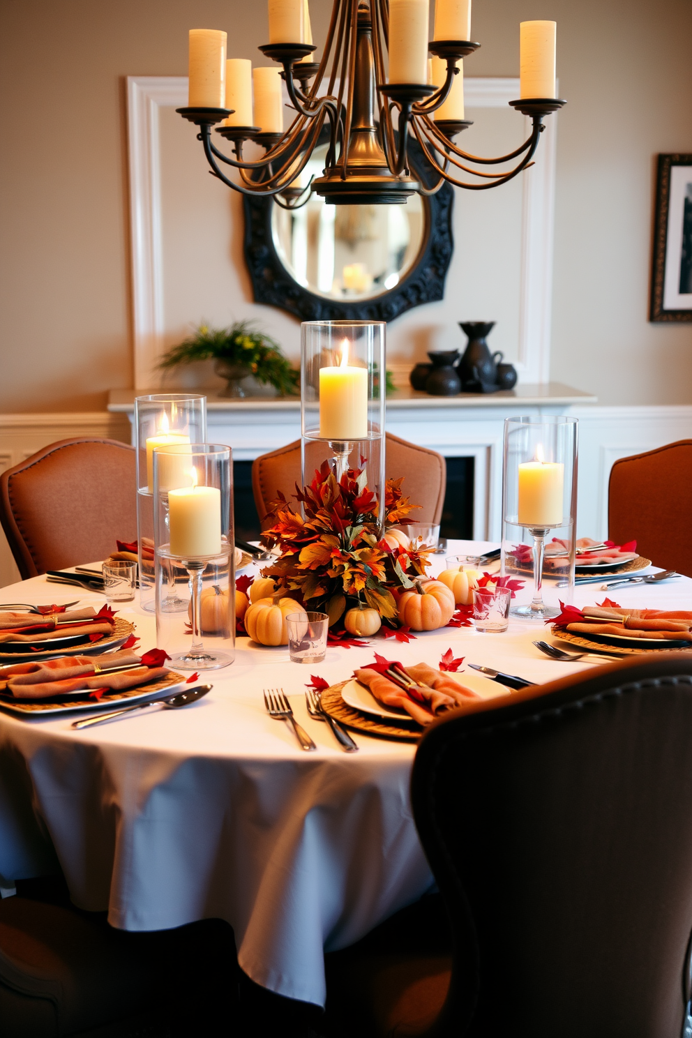 A warm and inviting dining room setting for Thanksgiving. The table is elegantly set with a crisp white tablecloth, adorned with autumn-themed centerpieces featuring candles in glass hurricanes. Surrounding the table are plush, upholstered chairs in rich earth tones. Soft, ambient lighting creates a cozy atmosphere, enhancing the seasonal decorations of pumpkins and fall leaves scattered across the table.