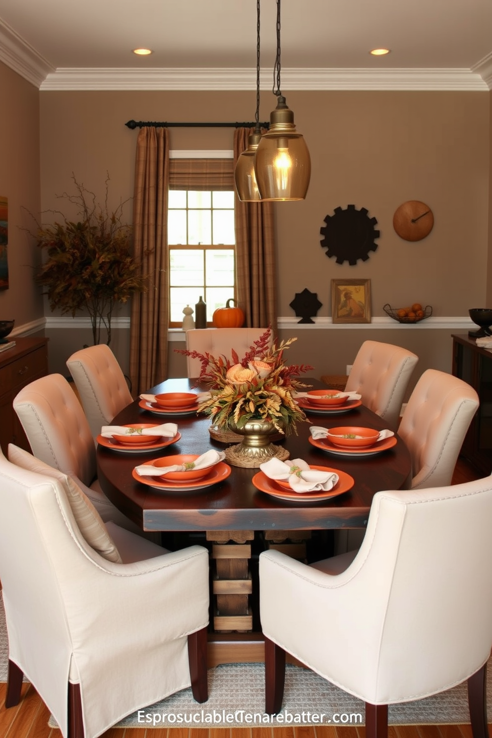 A warm and inviting dining room adorned with earthy tones. The centerpiece features a rustic wooden table set with terracotta dishes, complemented by soft linen napkins in muted shades. Surrounding the table are comfortable upholstered chairs in neutral fabrics, enhancing the cozy atmosphere. Soft amber lighting from pendant fixtures casts a gentle glow, creating an intimate setting for Thanksgiving gatherings.