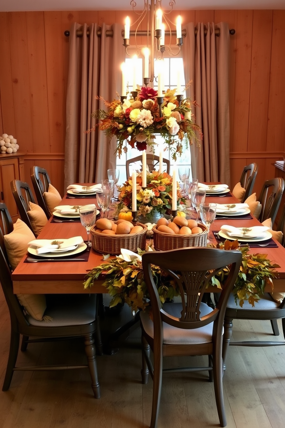 A warm and inviting Thanksgiving dining room features a large wooden table set with elegant dinnerware. Surrounding the table are mismatched vintage chairs, each adorned with soft cushions in autumnal colors. On the table, woven baskets filled with freshly baked bread and rolls are artfully arranged, adding a rustic touch. Above, a centerpiece of seasonal flowers and candles creates a cozy ambiance, while garlands of dried leaves drape gracefully along the table's edge.